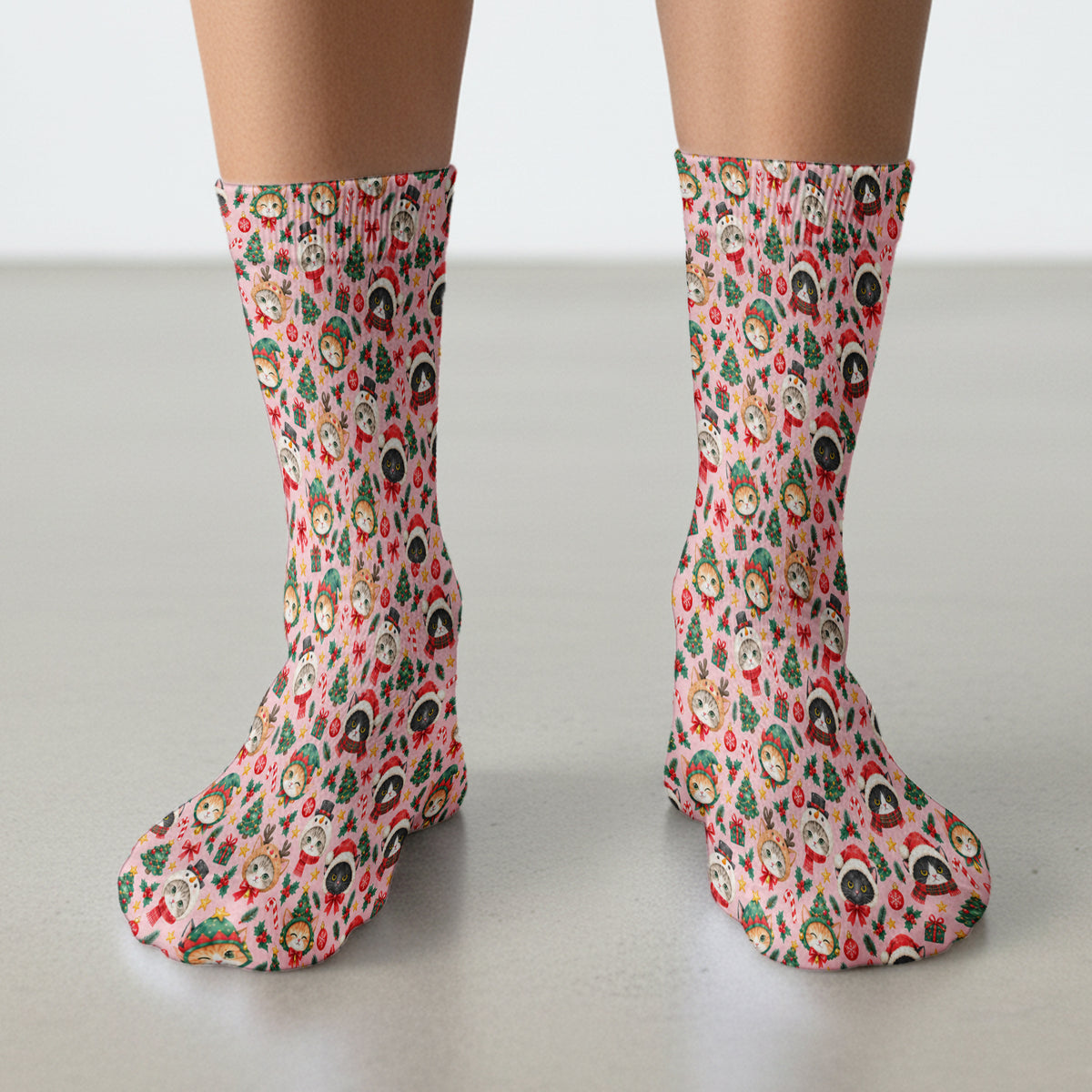 Christmas Cats And Trees Pattern Scrub Socks, Kawaii Medical Pattern Sock, Breathable Fabrics Nursing Uniform