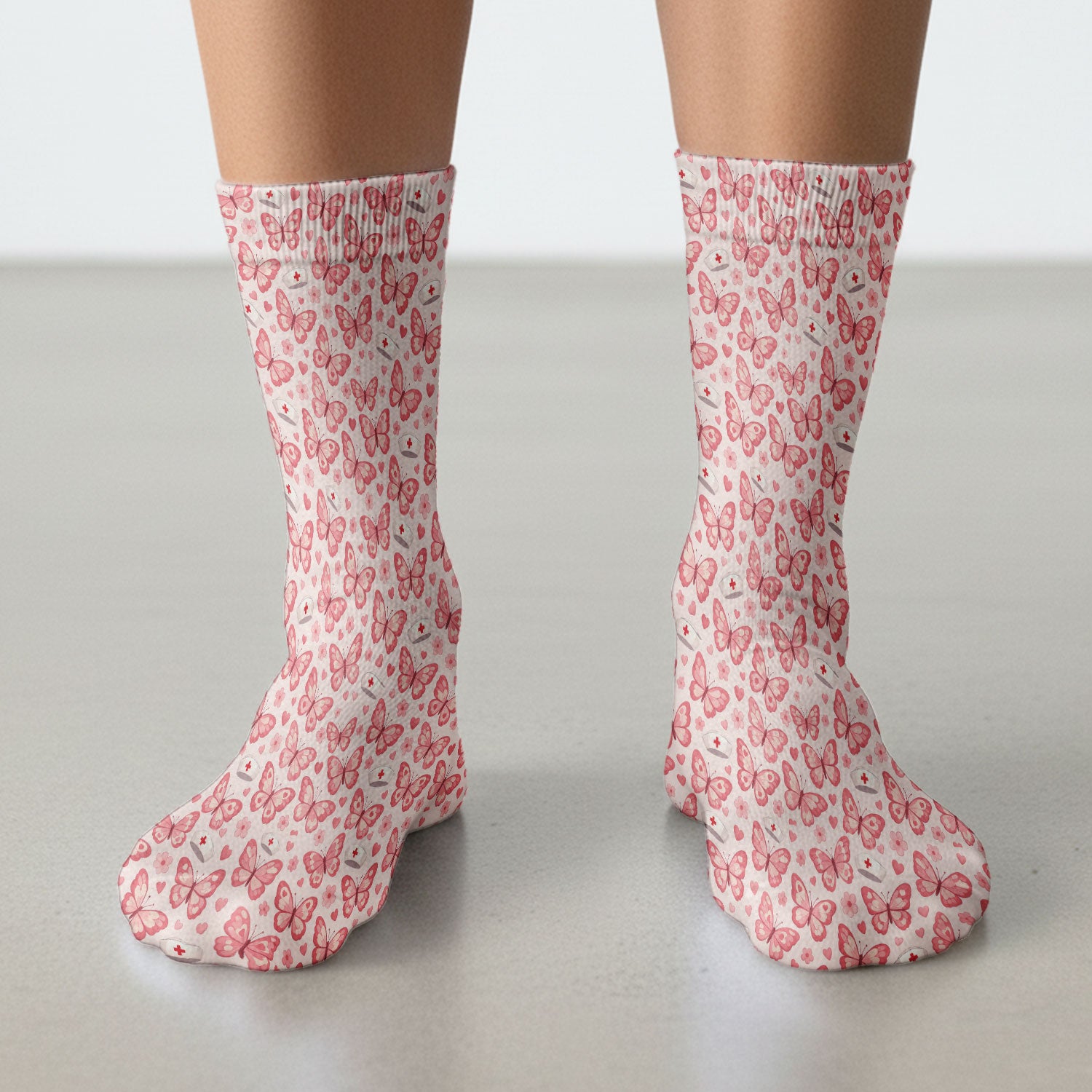 Valentine Butterfly Pattern Nurse Scrub Socks, Pink Heart Medical Sock For Women, Breathable Fabrics Nursing Uniform