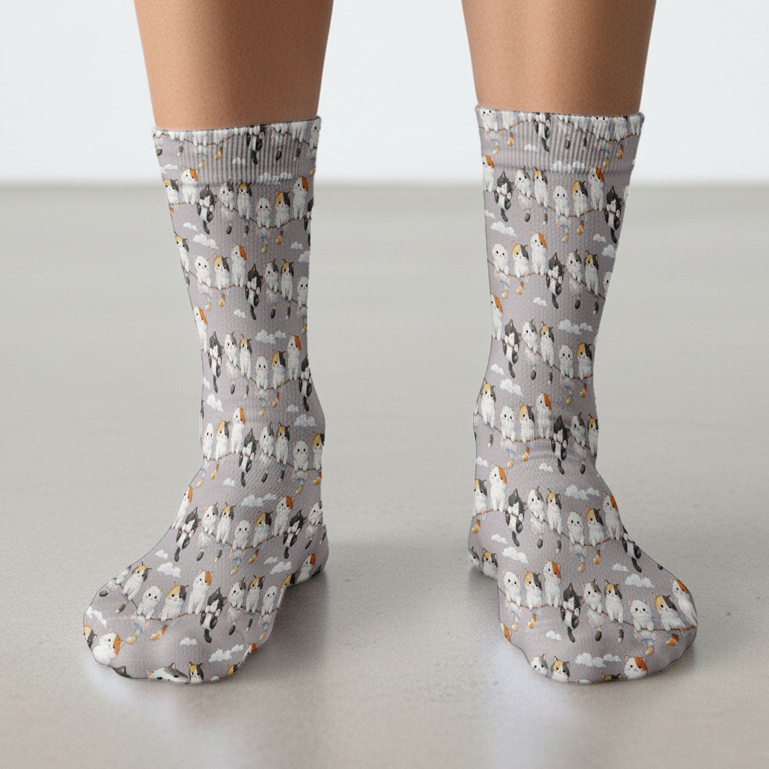 Cute Cats Sitting on Rope Pattern Socks, Adult Socks for Men and Women