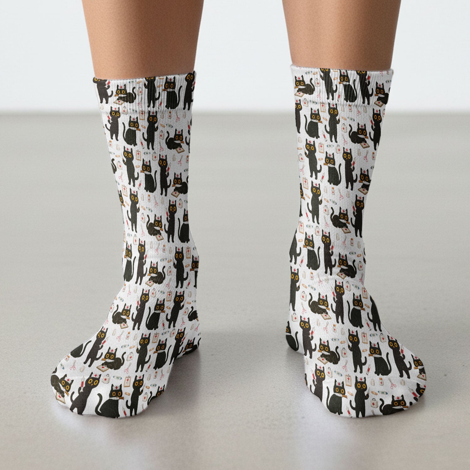 Cute Black Cat Nurse Pattern Medical Socks, Breathable Fabrics Medical Uniform
