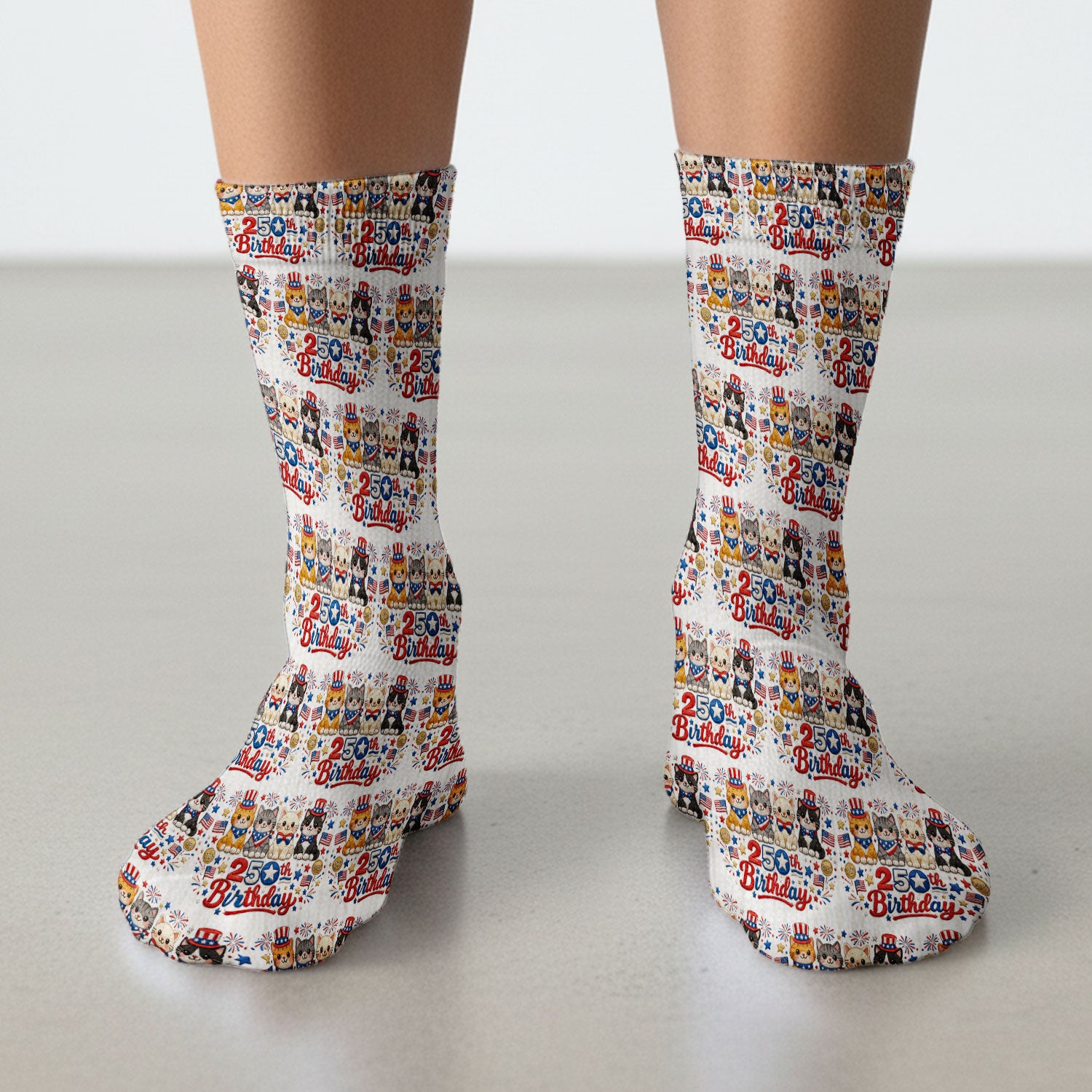 America 250th Anniversary Cat Pattern Print Socks, Adult Socks for Men and Women
