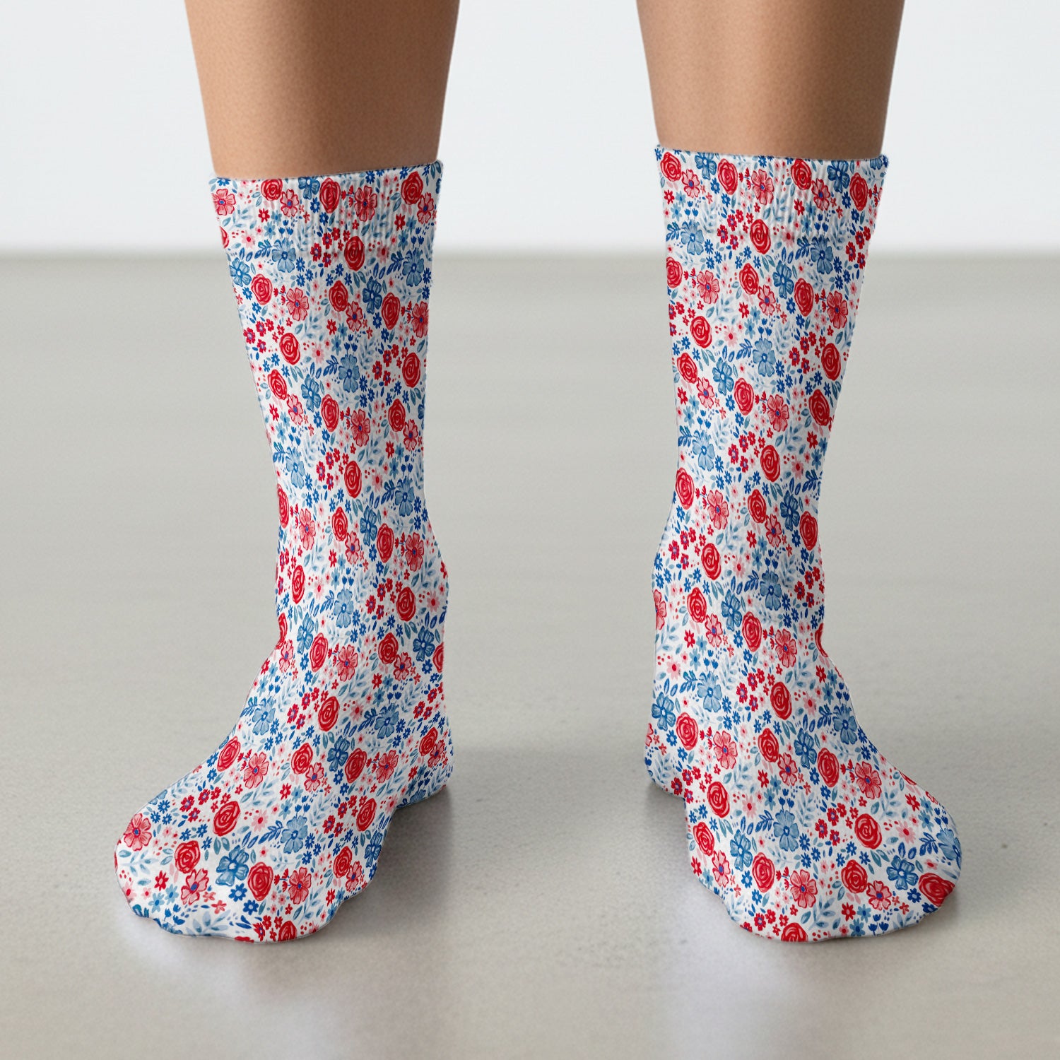 Red Blue Floral Garden Blossom Pattern Socks, Adult Socks for Men and Women