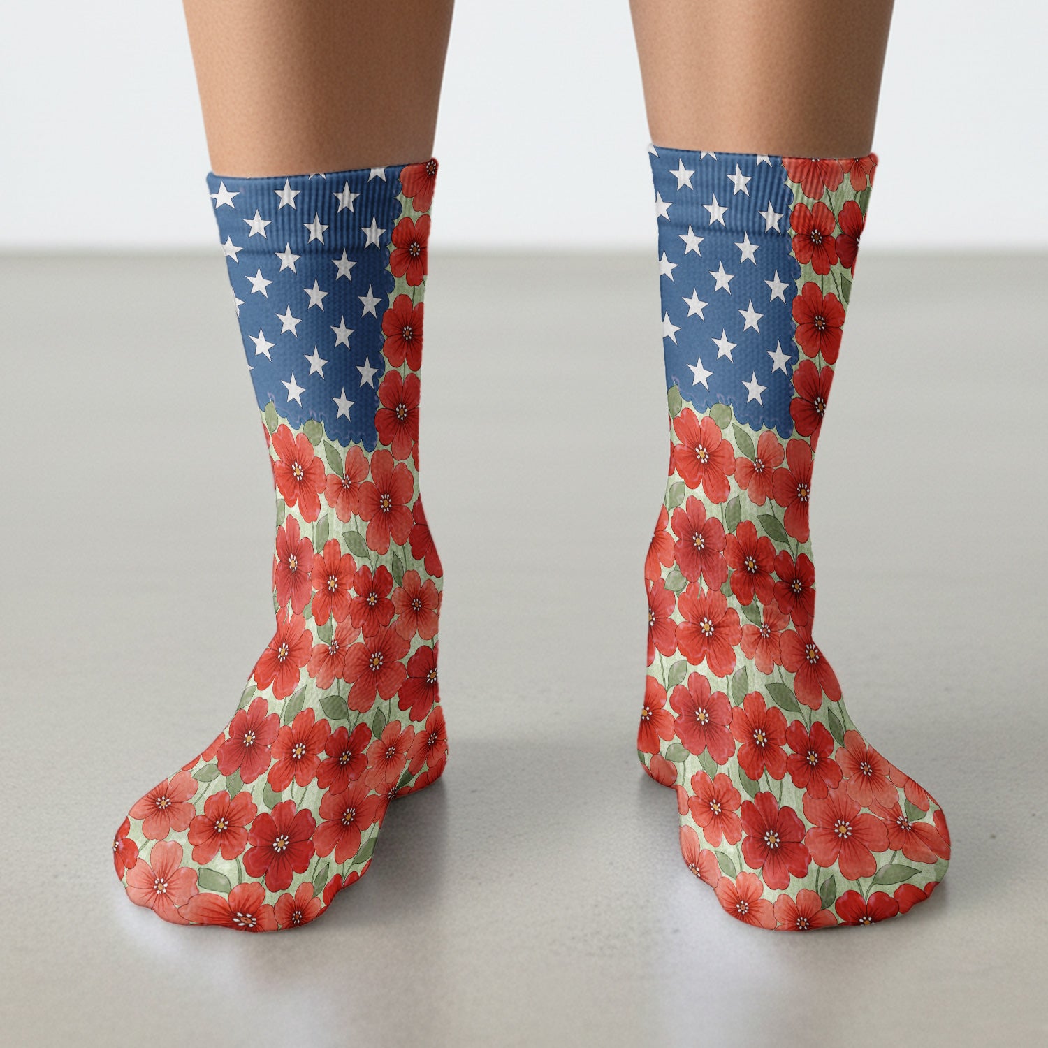 Patriotic USA Flag With Red Floral Blossom Pattern Socks, Adult Socks for Men and Women
