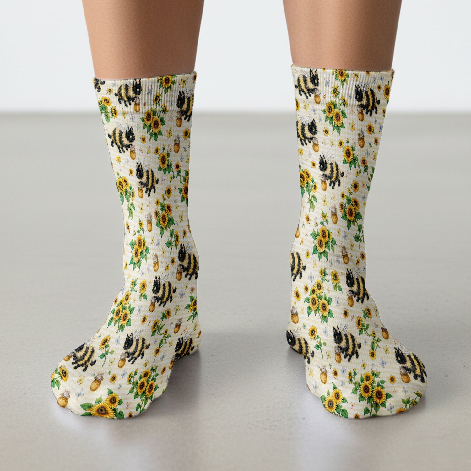 Cute Bumblebee Cat Sunflower Pattern Socks, Adult Socks for Men and Women