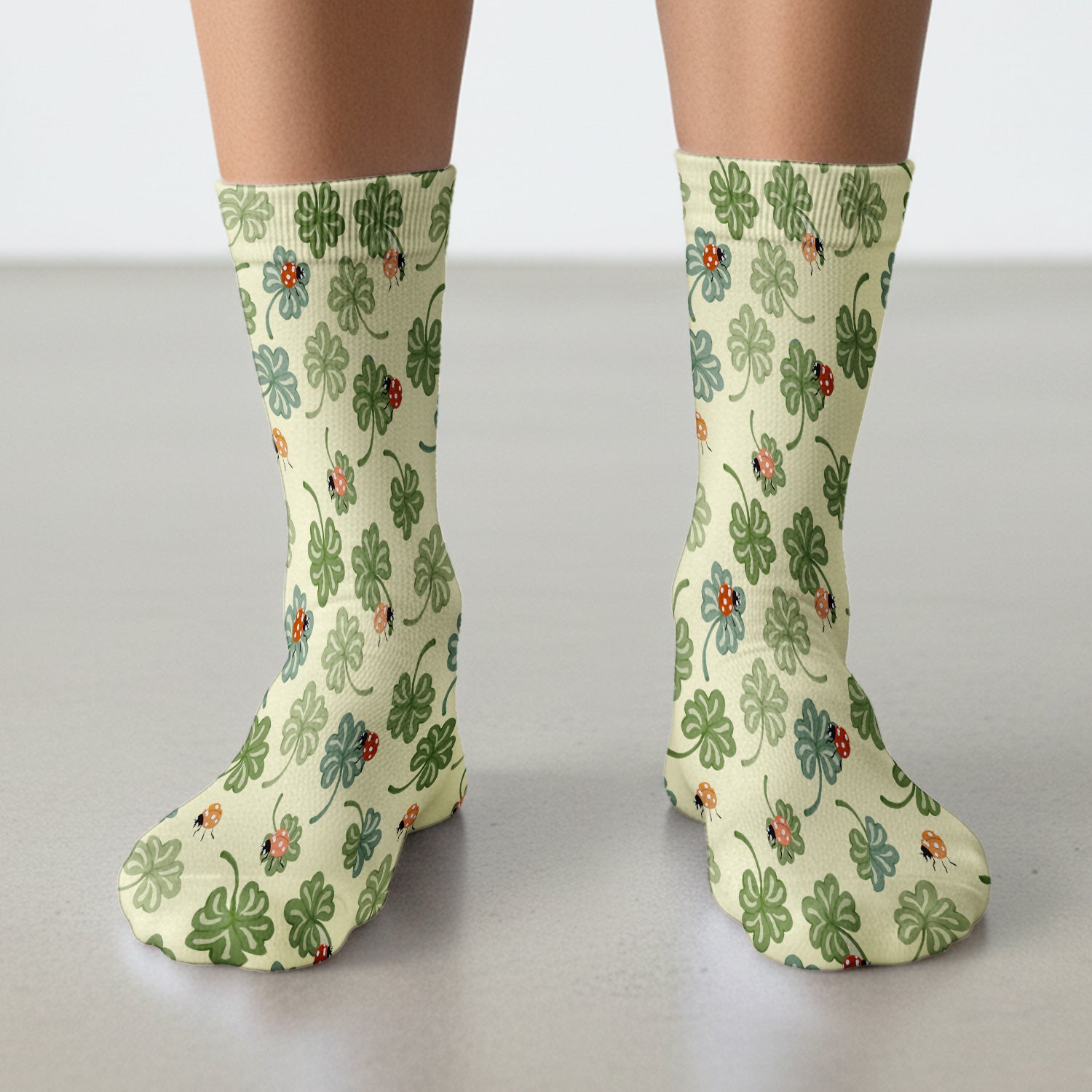 Clover and Ladybug Lucky Garden Pattern Socks, Adult Socks for Men and Women