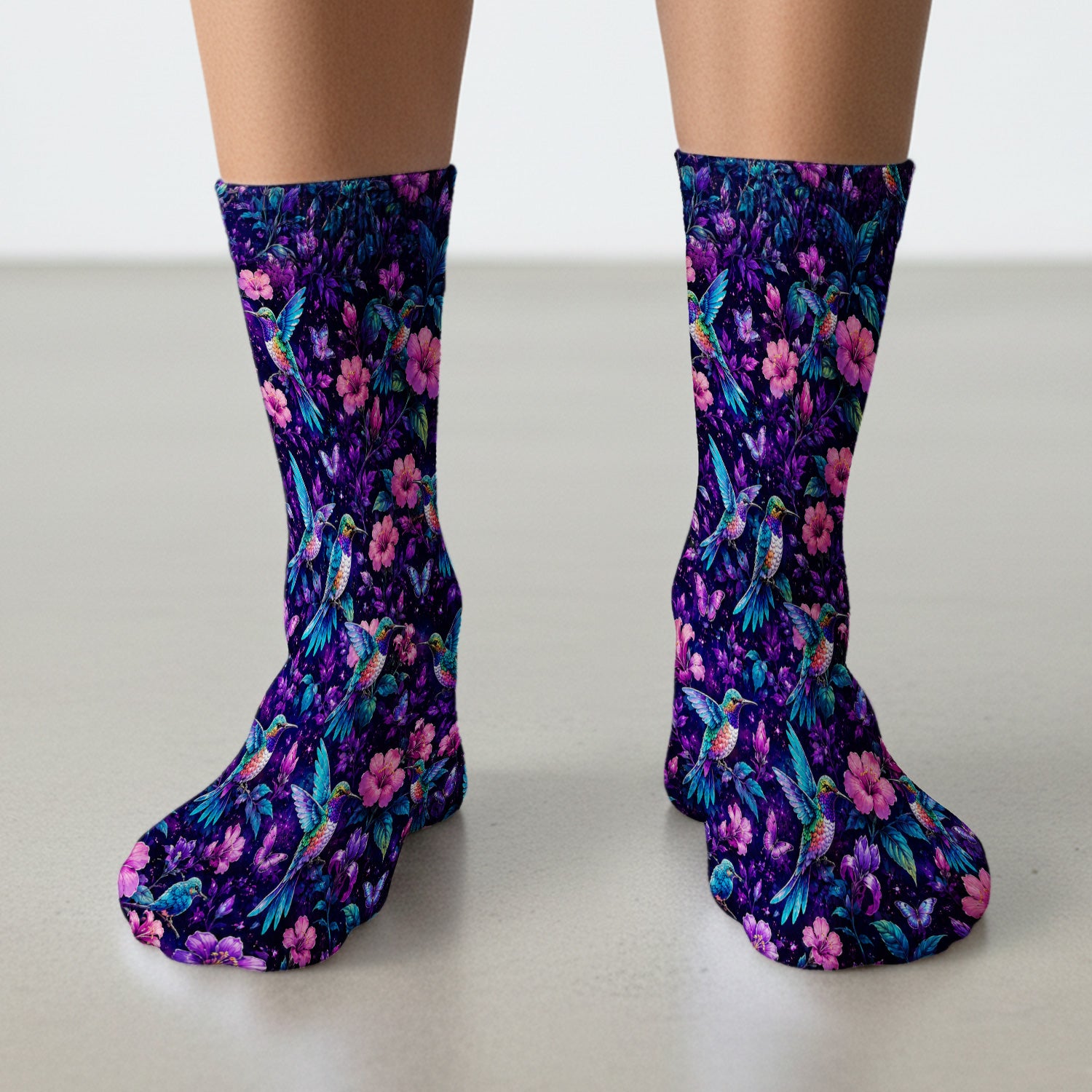 Vibrant Hummingbird Hibiscus Blossom Pattern Socks, Adult Socks for Men and Women
