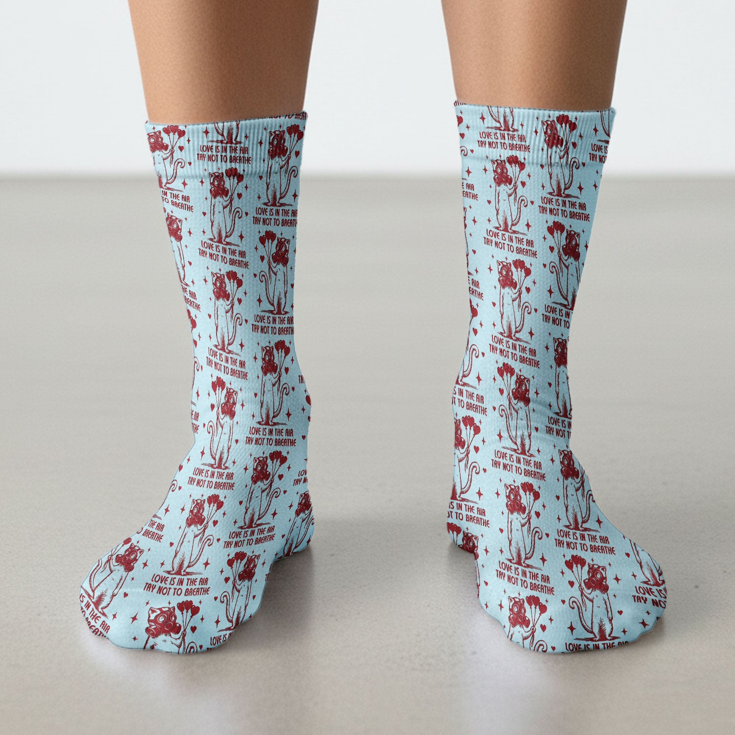 Gas Mask Cat Heart Balloon Valentine Print Socks, Adult Socks for Men and Women