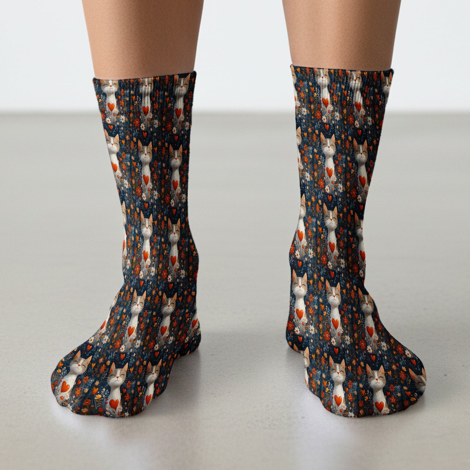 Cat Heart Floral Garden Pattern Socks, Adult Socks for Men and Women
