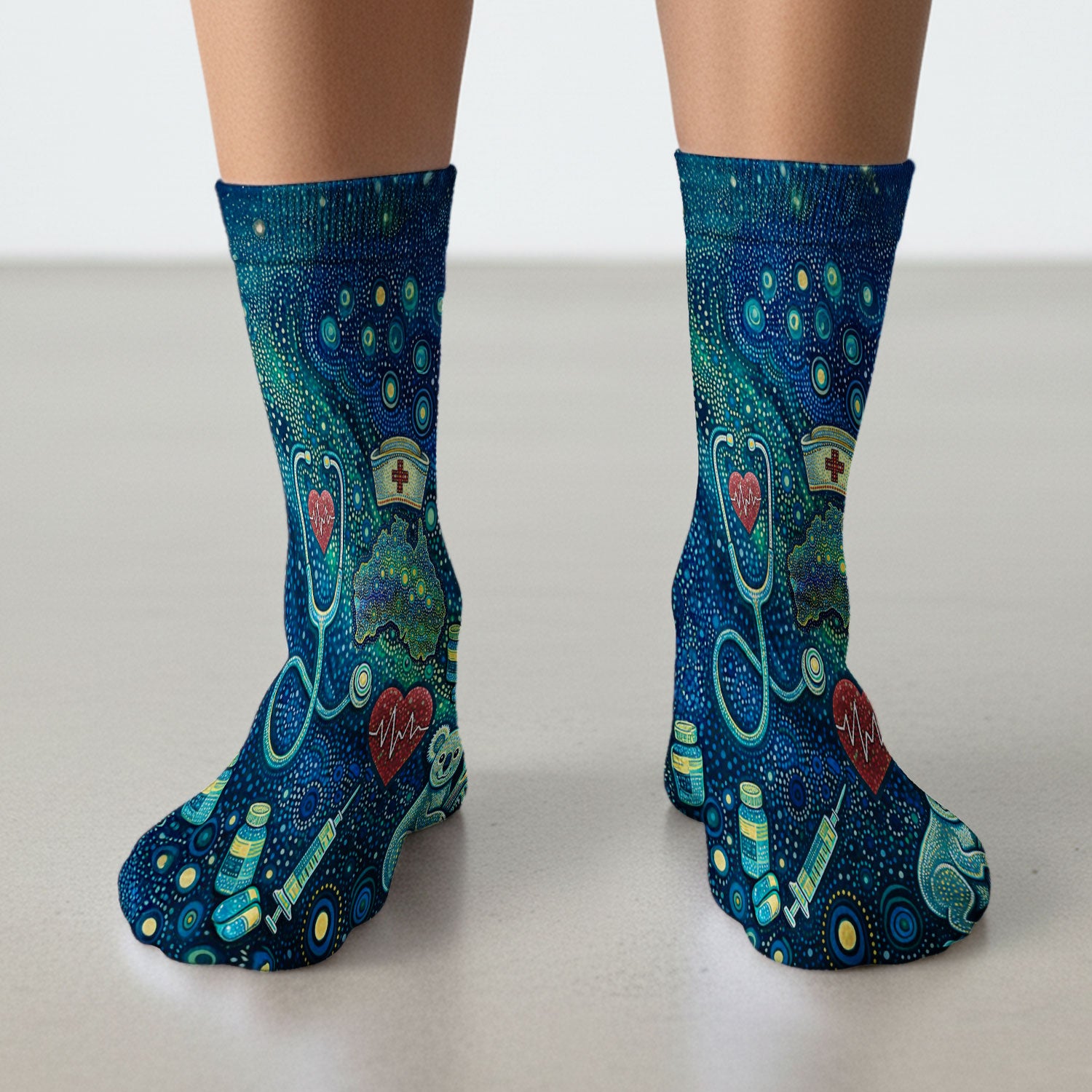 Aboriginal Nurse Australia Scrub Socks, Kangaroo Koala Dot Art Medical Pattern Sock, Breathable Fabrics Nursing Uniform