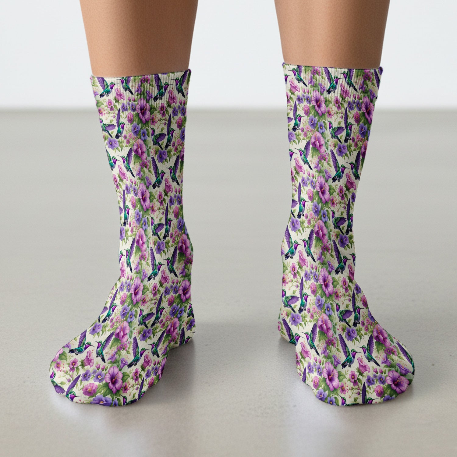 Purple Hummingbird Hibiscus Floral Pattern Socks, Adult Socks for Men and Women