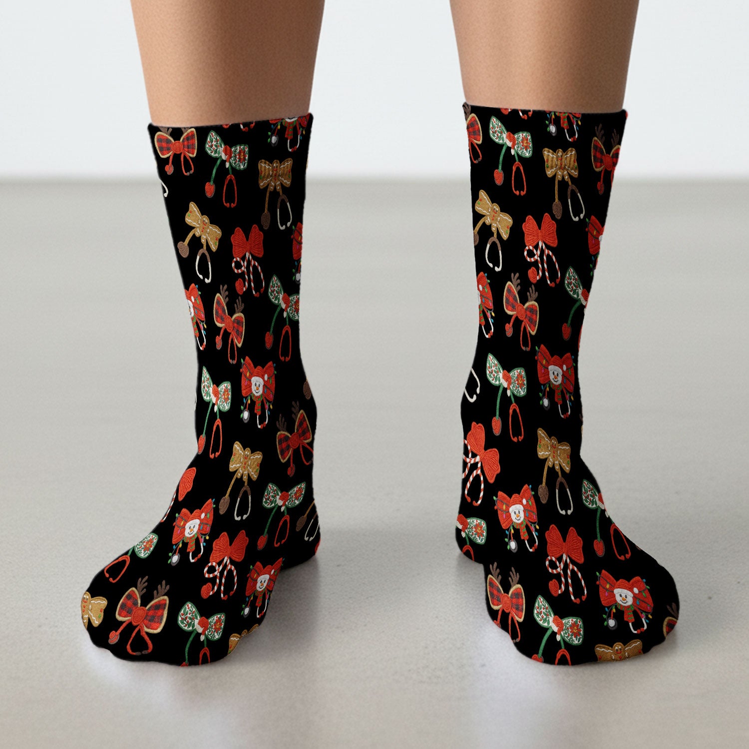 Christmas Stethoscope Bow Nurse Scrub Socks, Xmas Pattern Scrub Sock, Holiday Nursing Uniform
