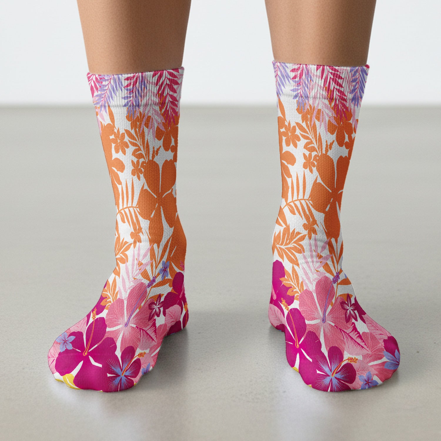Cheerful Tropical Hibiscus Bloom Pattern Socks, Adult Socks for Men and Women