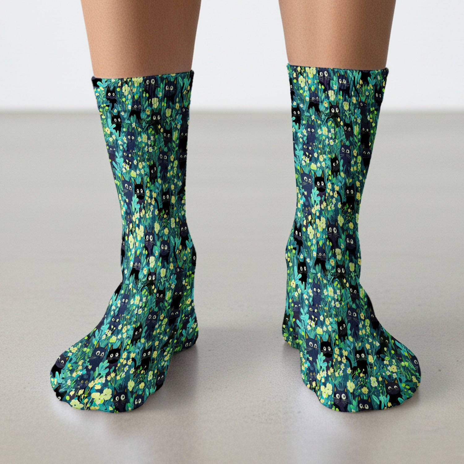 Black Cat Floral Pattern Socks, Adult Socks for Men and Women