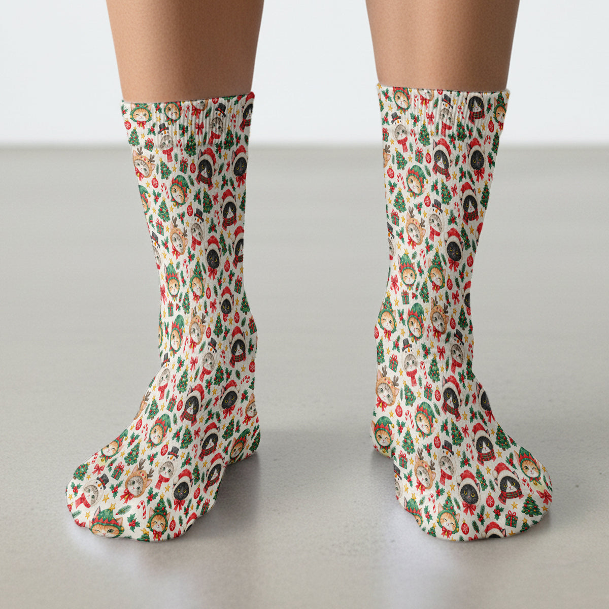 Christmas Cats And Trees Pattern Scrub Socks, Kawaii Medical Pattern Sock, Breathable Fabrics Nursing Uniform
