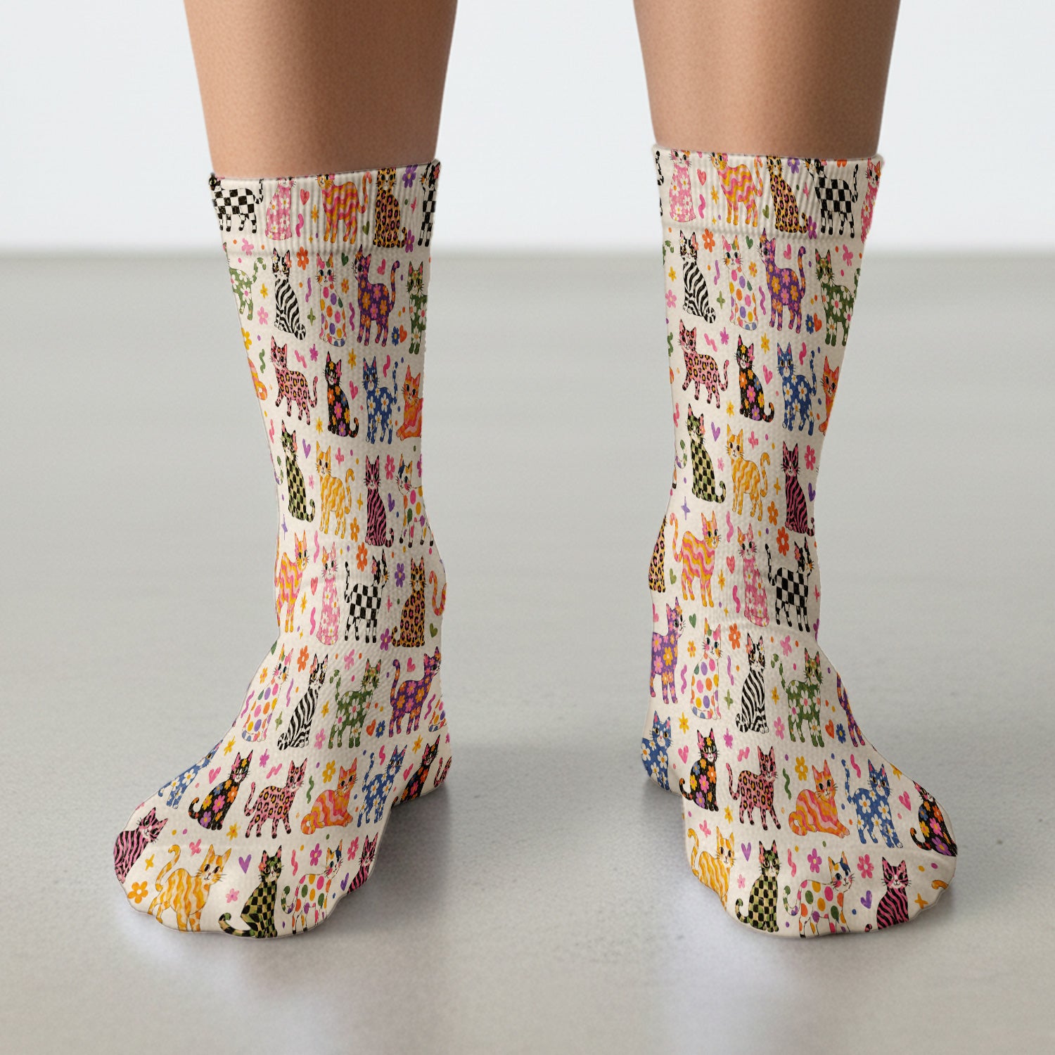 Colorful Cat with Floral Print Socks, Adult Socks for Men and Women