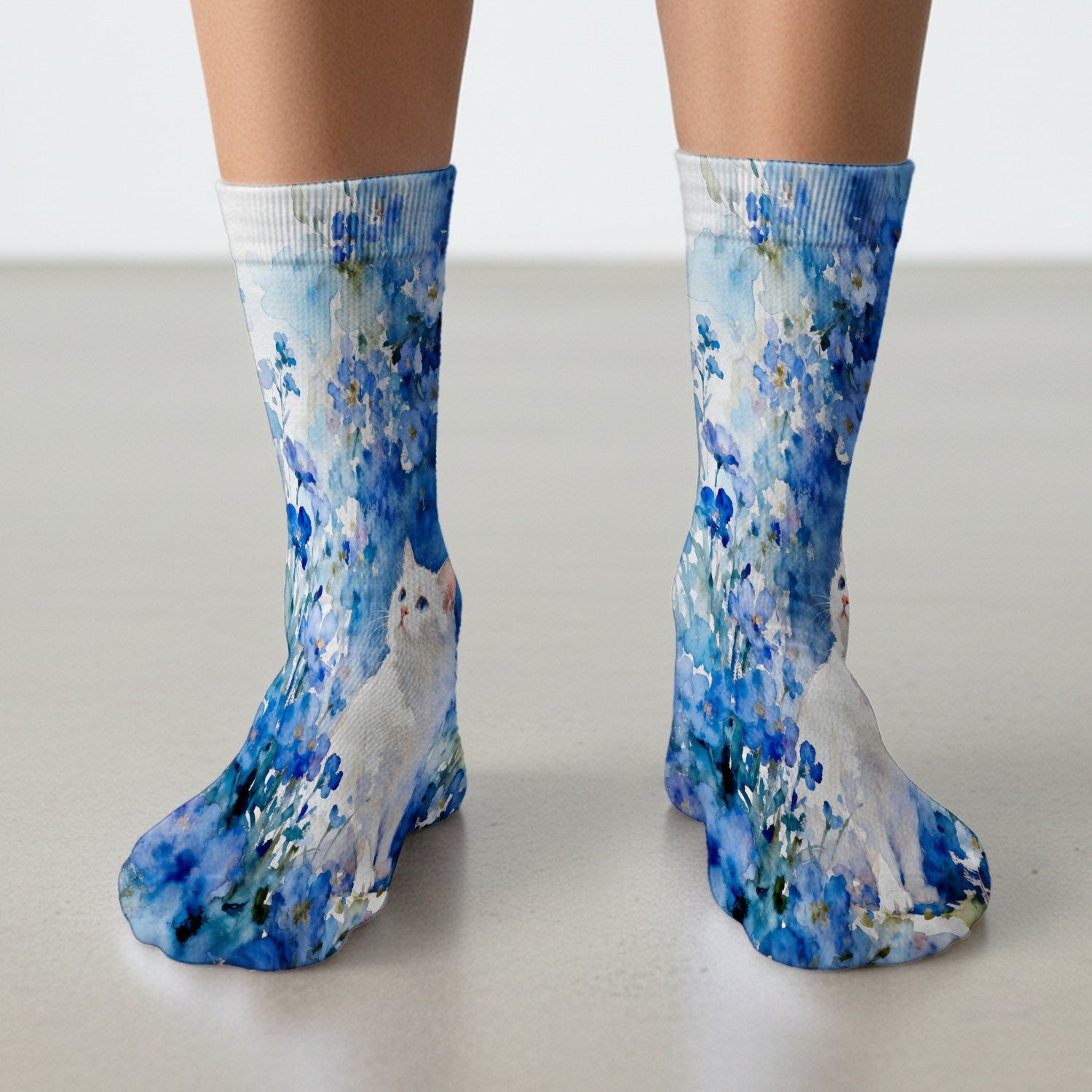 Adorable Blue Floral White Cat Pattern Socks, Adult Socks for Men and Women
