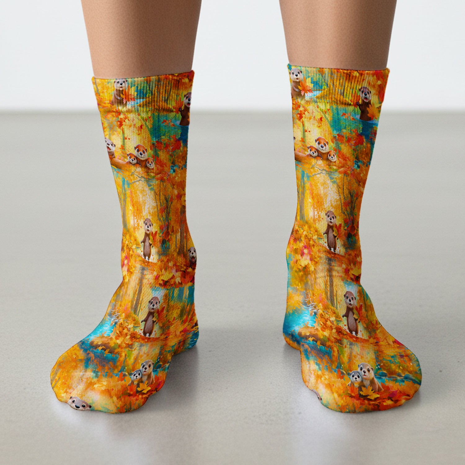 Cute Autumn Otter Leaf Forest Pattern Socks, Adult Socks for Men and Women