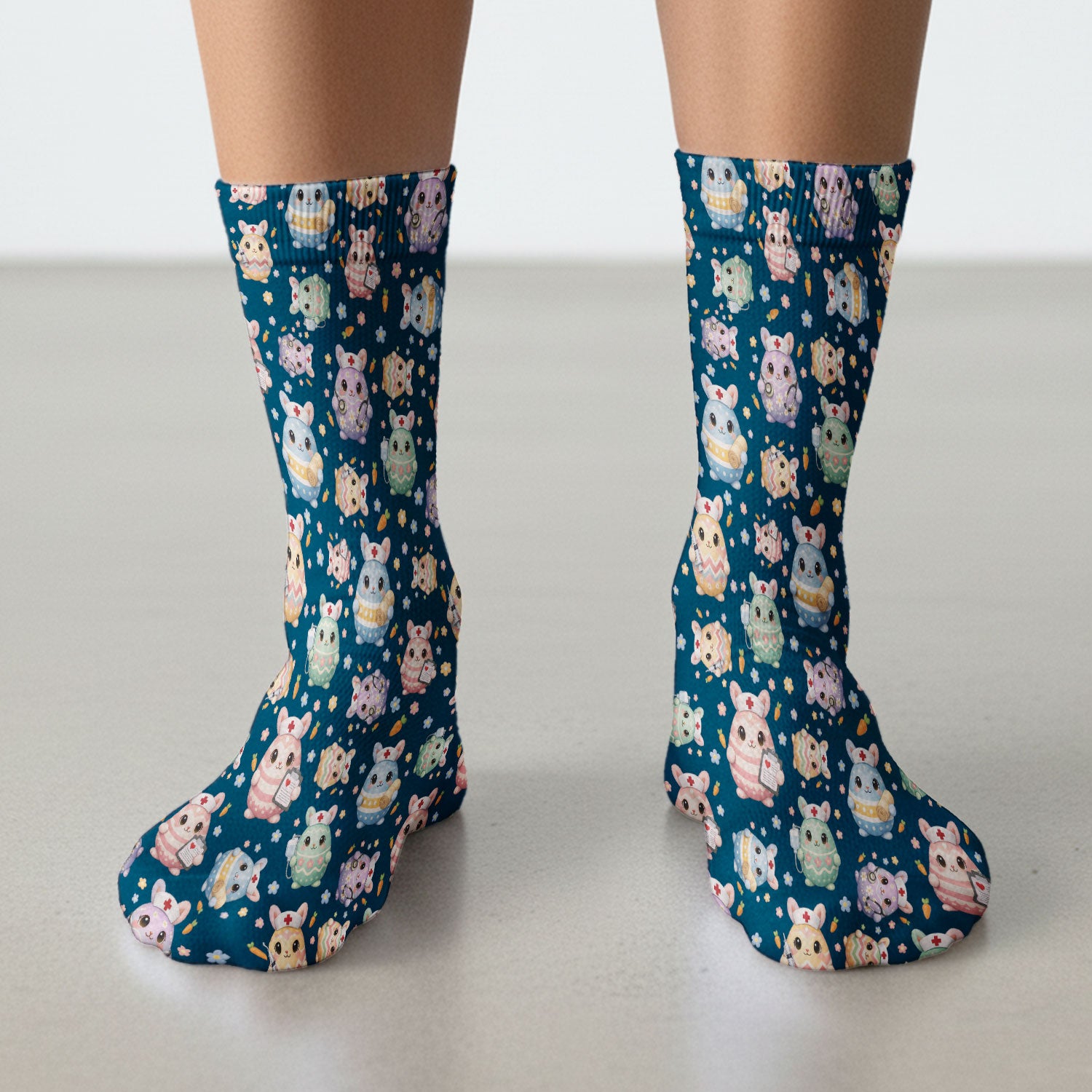 Cute Nurse Bunny Pastel Floral Print Socks, Breathable Fabrics Medical Uniform