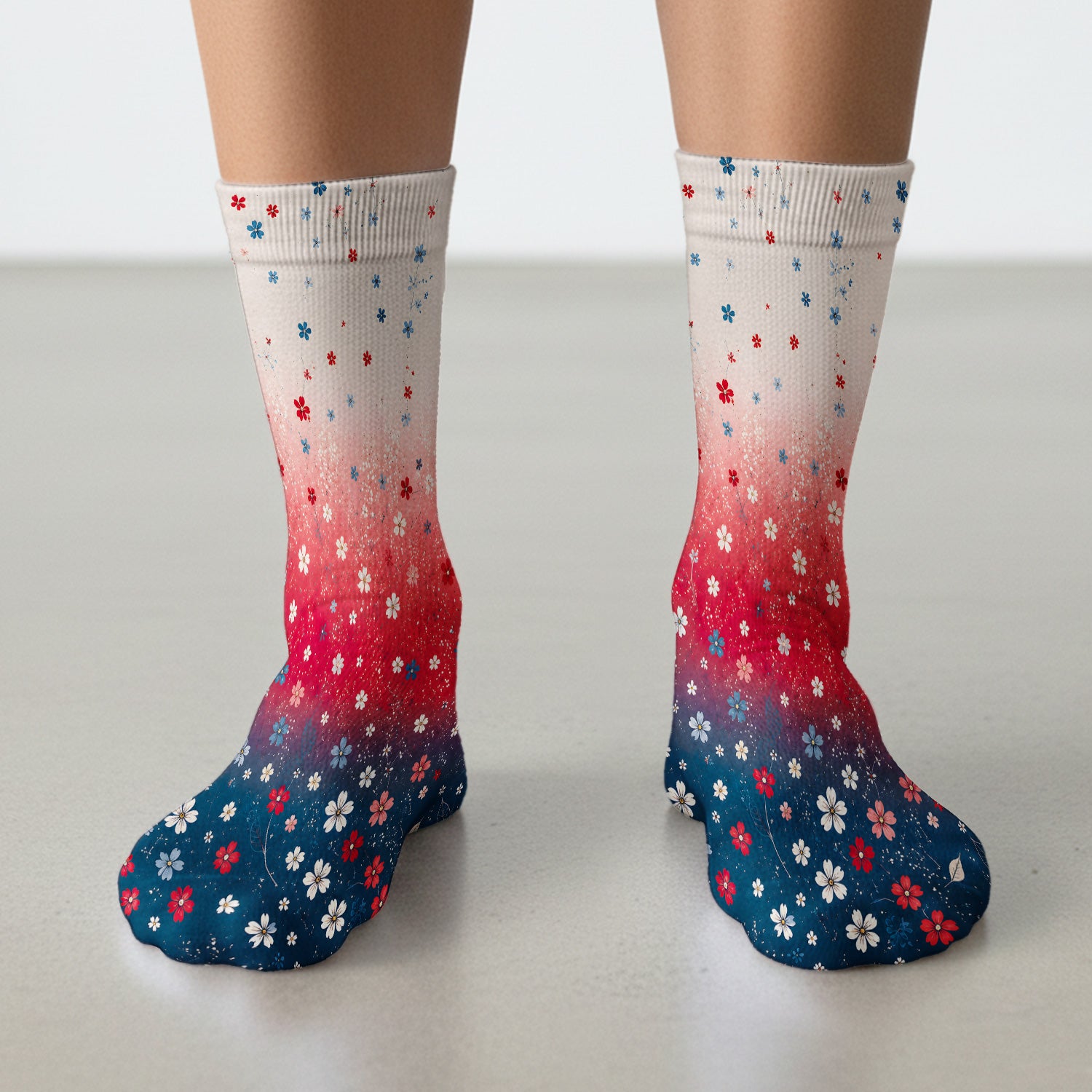 Patriotic Red White Blue Floral Ombre Print Socks, Adult Socks for Men and Women