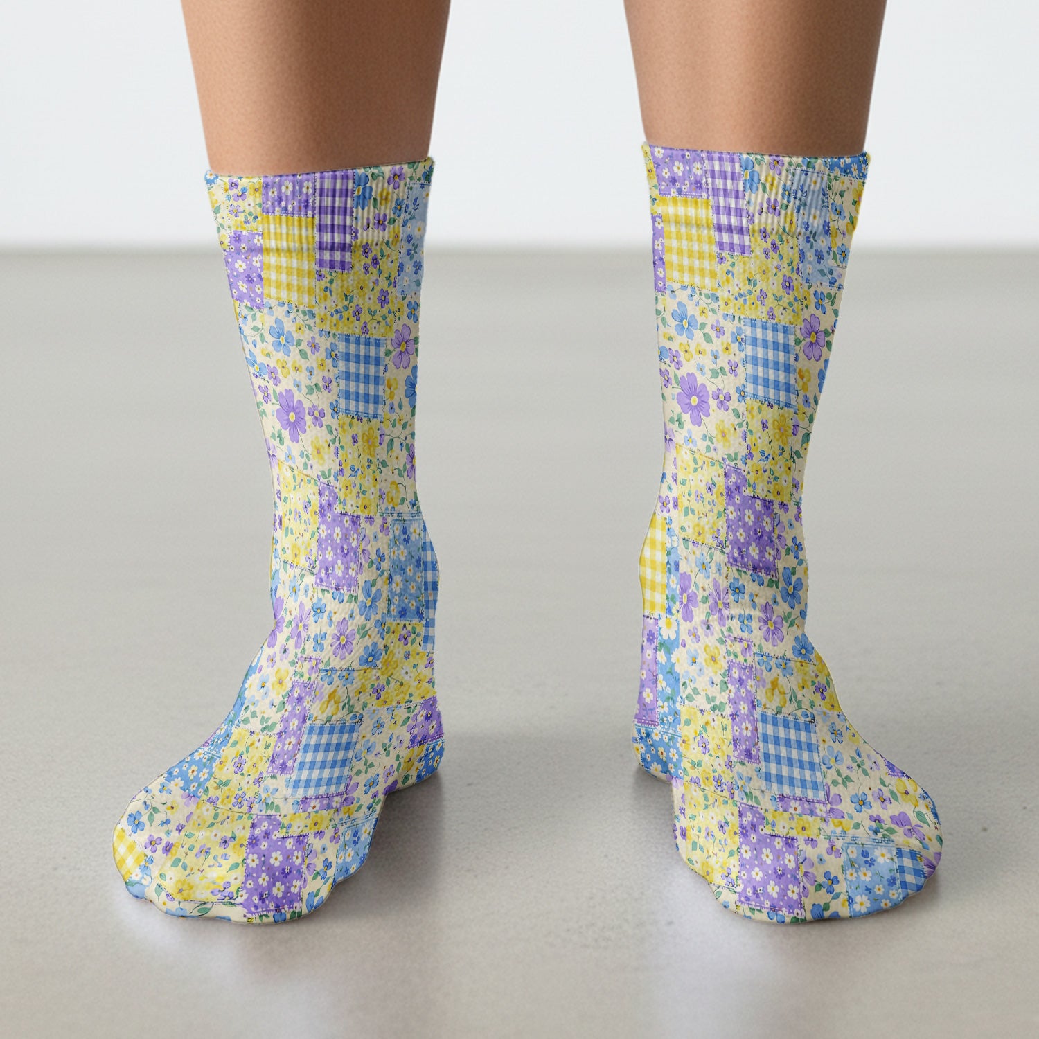 Cute Floral Patchwork Gingham Pattern Socks, Socks for Nurse Doctor