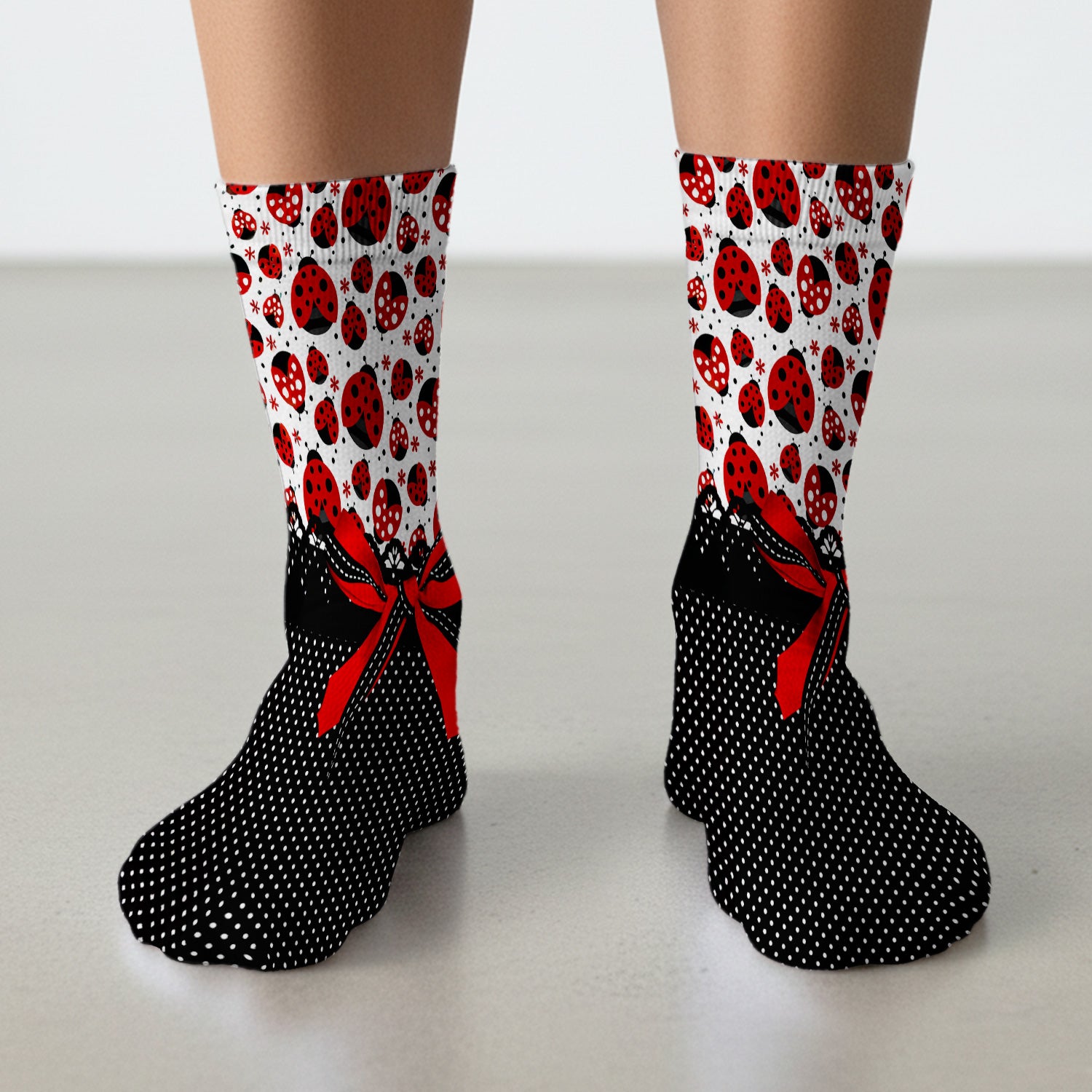 Cute Ladybug Red Ribbon Polka Pattern Socks, Adult Socks for Men and Women