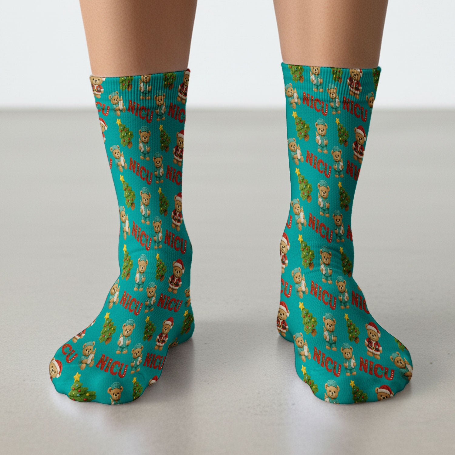 Festive Christmas NICU Nurse Teddy Bear Pattern Print Socks, Adult Socks for Men and Women