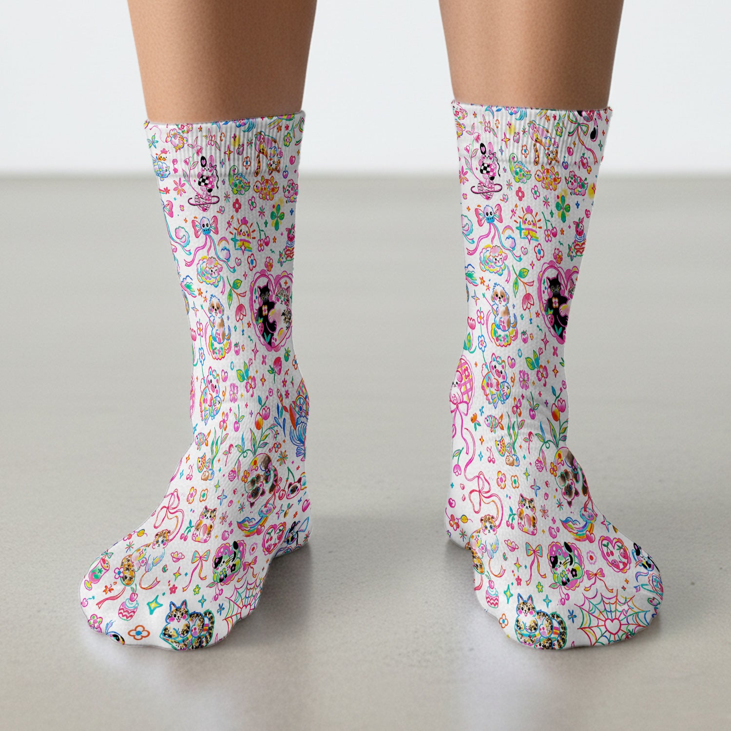 Colorful Kawaii Cat Heart Doodle Pattern Socks, Adult Socks for Men and Women