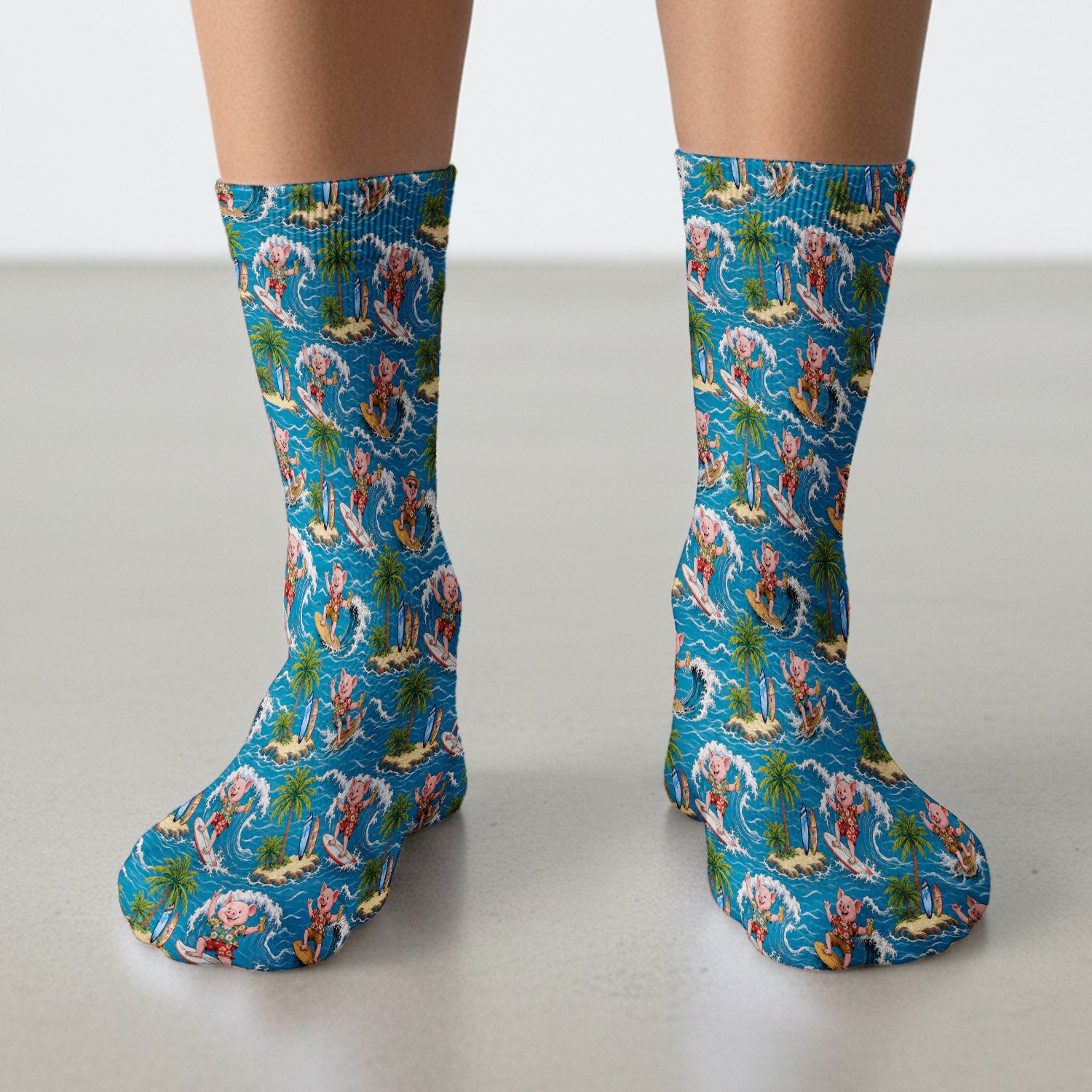 Tropical Surfing Pig Island Pattern Socks, Adult Socks for Men and Women