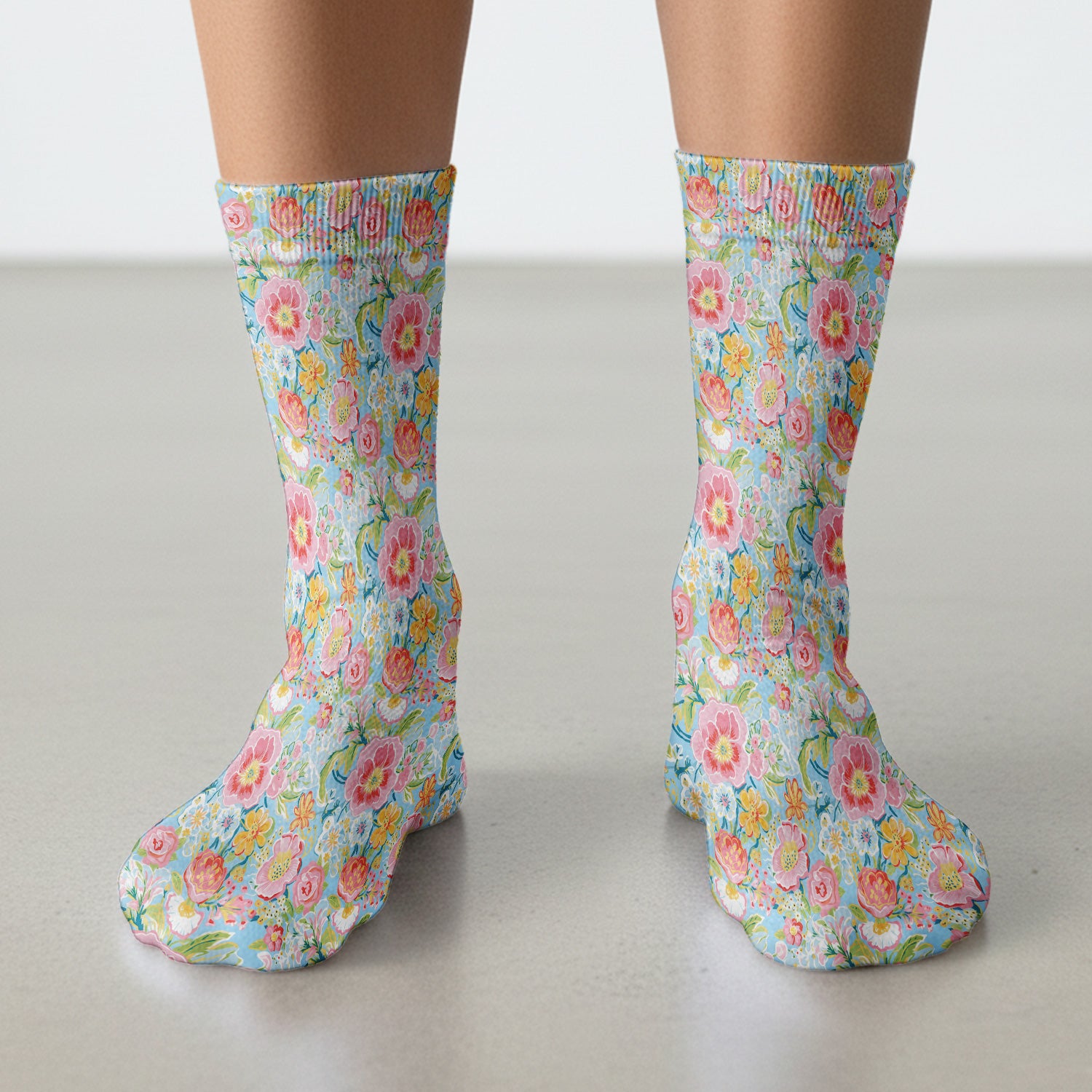 Pastel Tropical Floral Garden Pattern Socks, Adult Socks for Men and Women