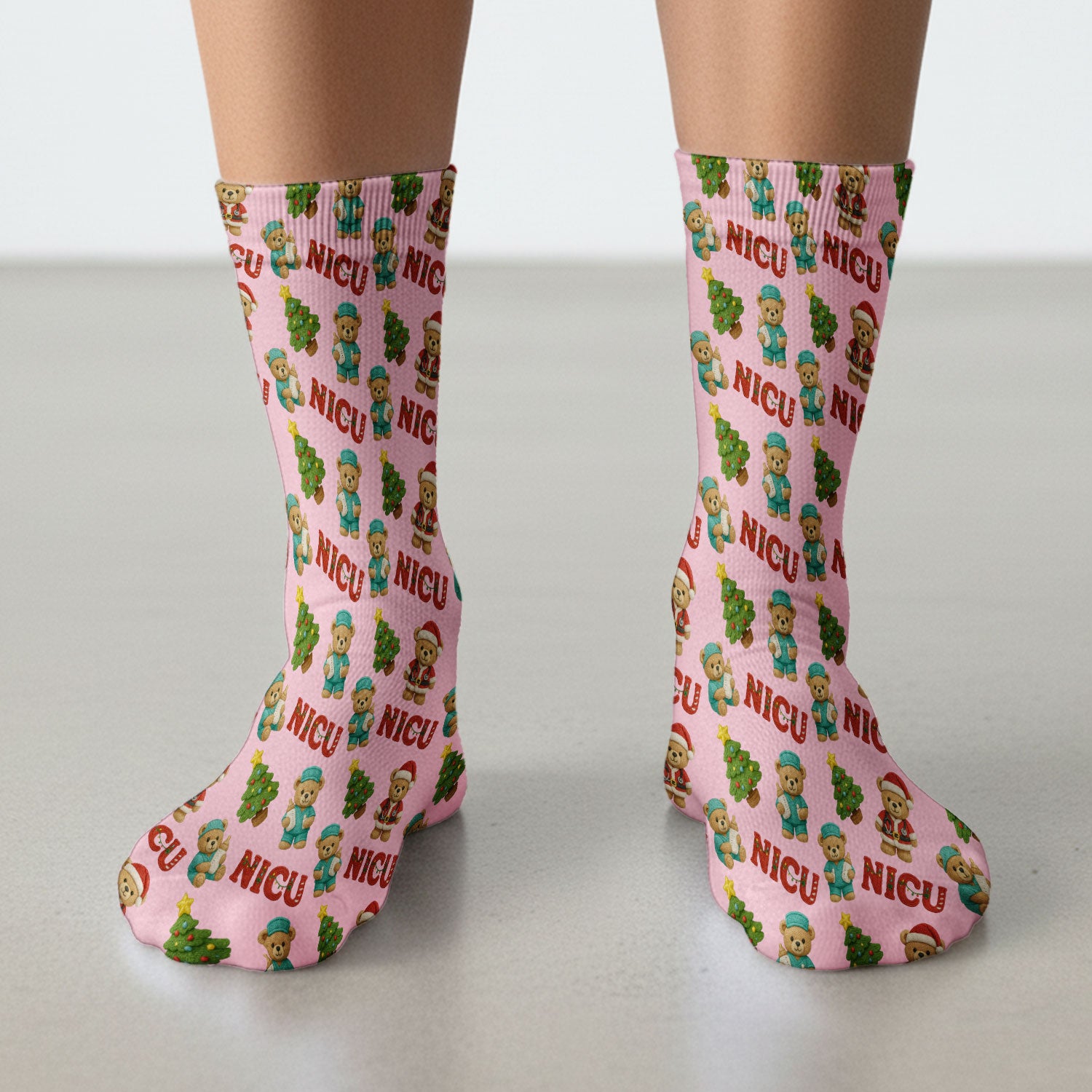 Festive Christmas NICU Nurse Teddy Bear Pattern Print Socks, Adult Socks for Men and Women