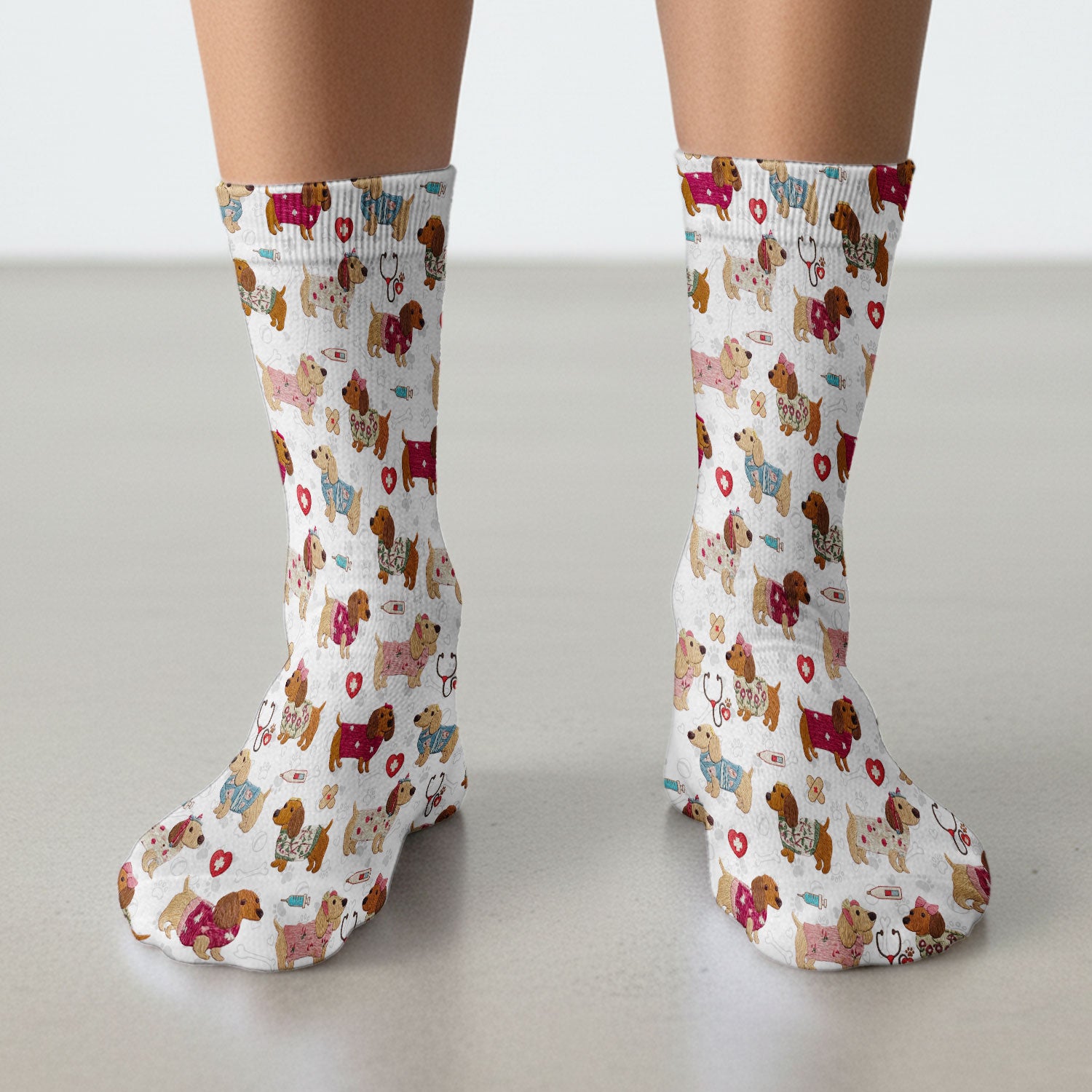 Cute Medical Wiener Dog Pattern Nurse Socks, Dachshund Nursing Scrub Sock, Breathable Fabrics Nursing Uniform