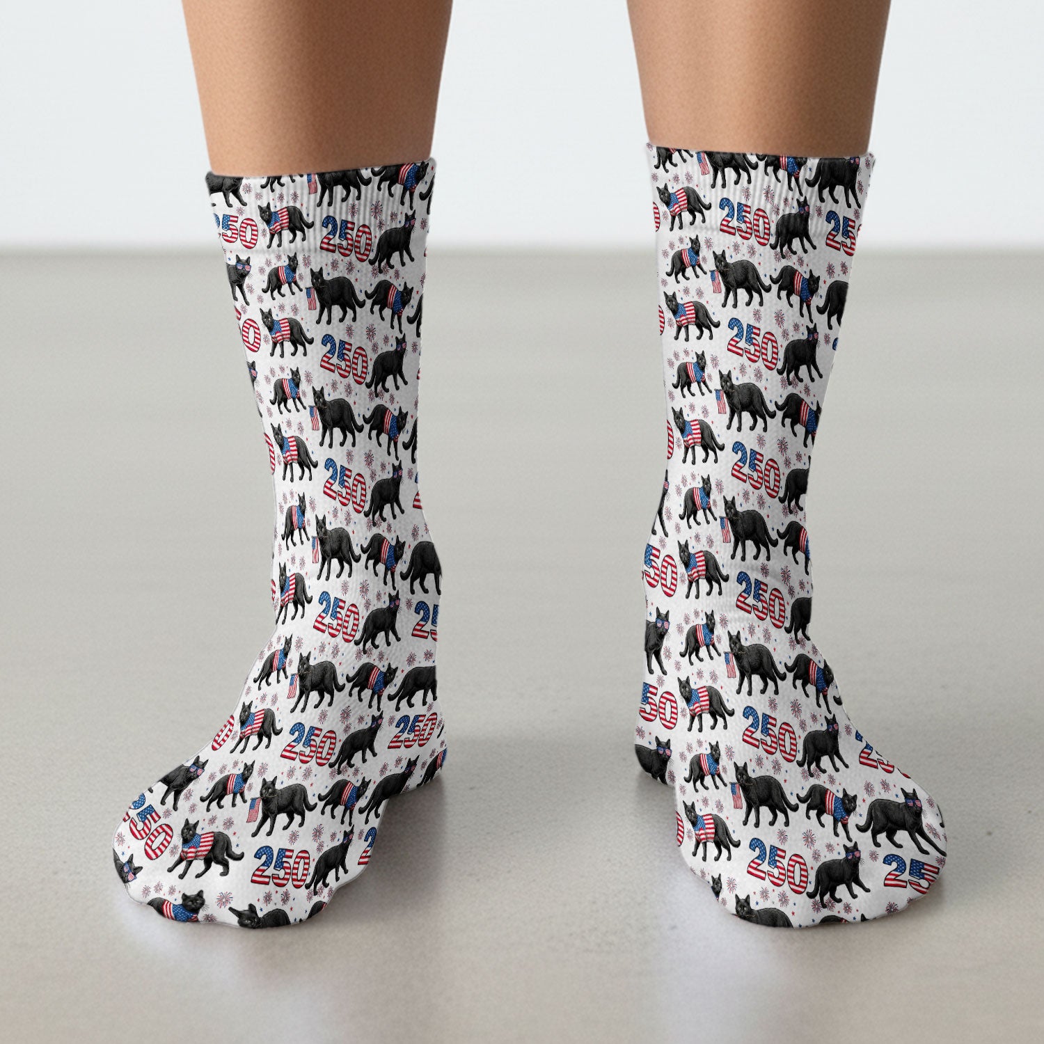 Black Cat 250 USA Flag Fireworks Pattern Socks, Adult Socks for Men and Women