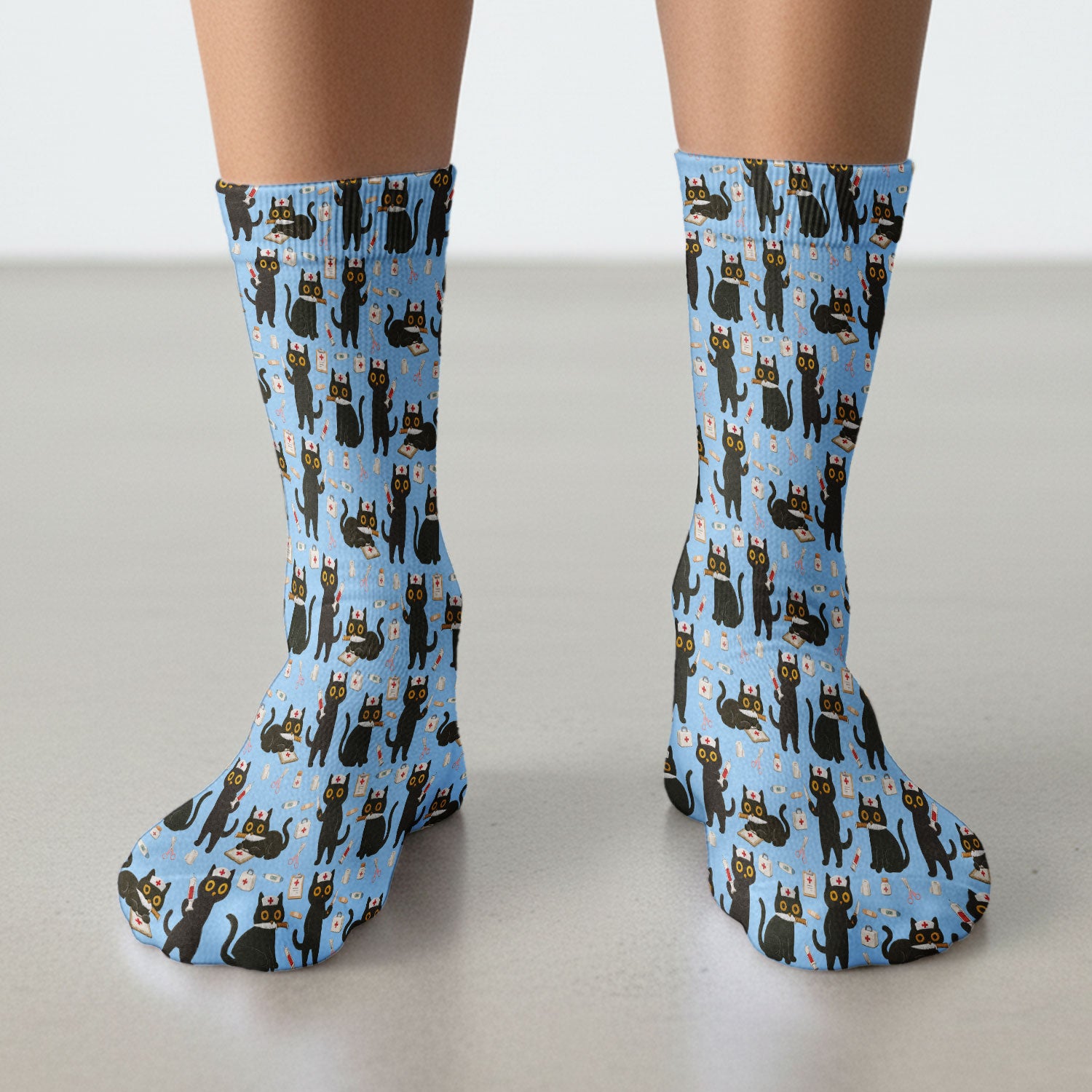 Cute Black Cat Nurse Pattern Medical Socks, Breathable Fabrics Medical Uniform