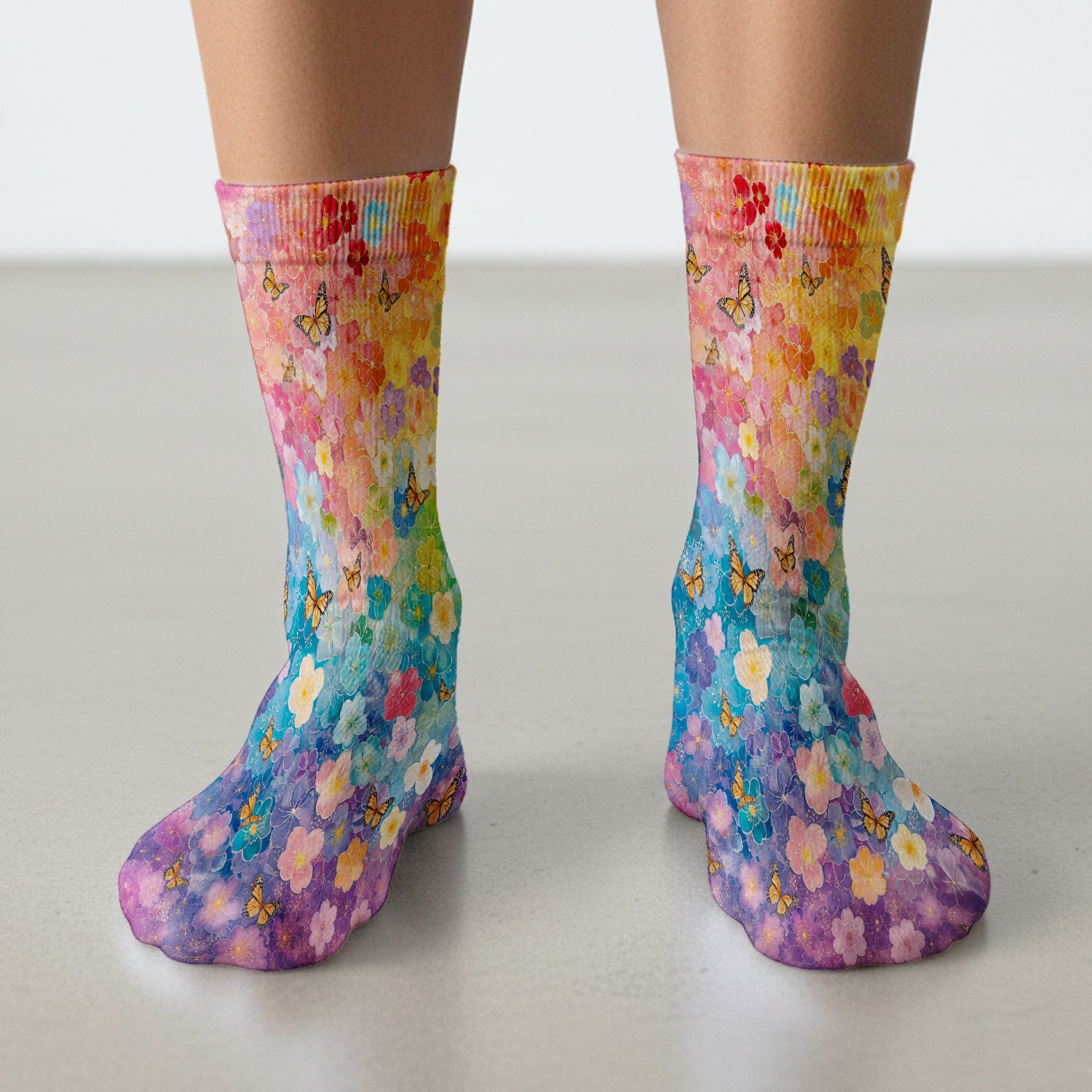 Rainbow Butterfly Floral Blossom Pattern Socks, Adult Socks for Men and Women