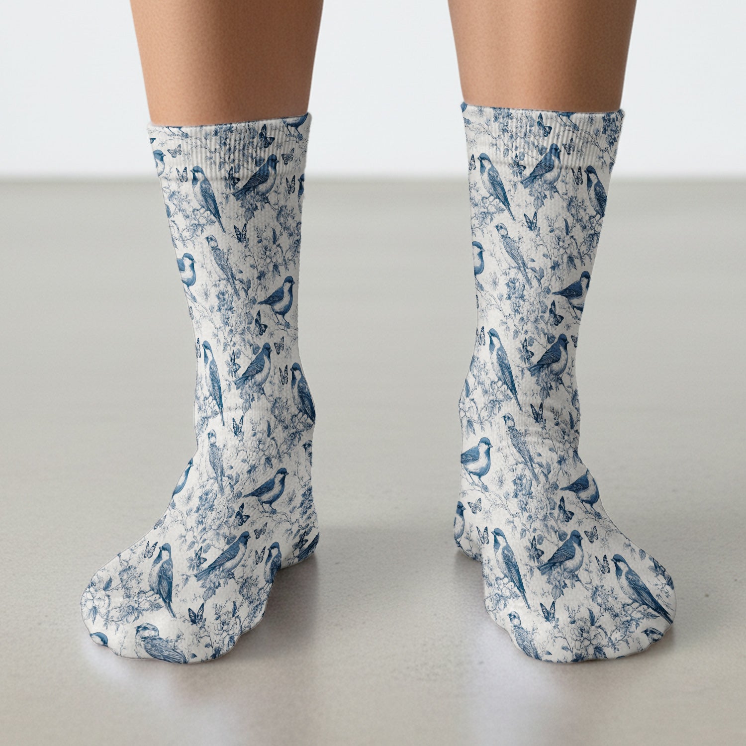 Blue Toile Songbird With Butterfly Print Socks, Adult Socks for Men and Women
