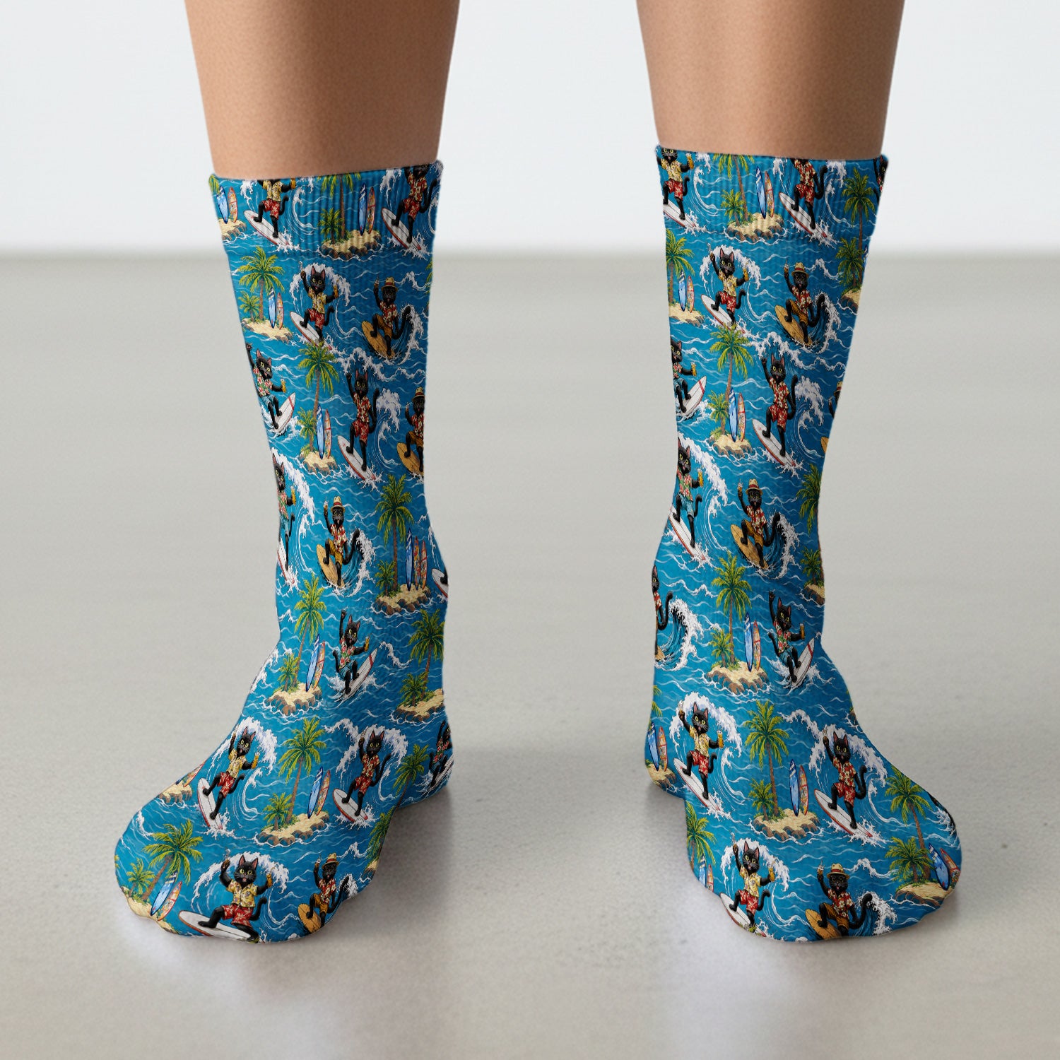 Tropical Black Cat Surfer Island Pattern Socks, Adult Socks for Men and Women