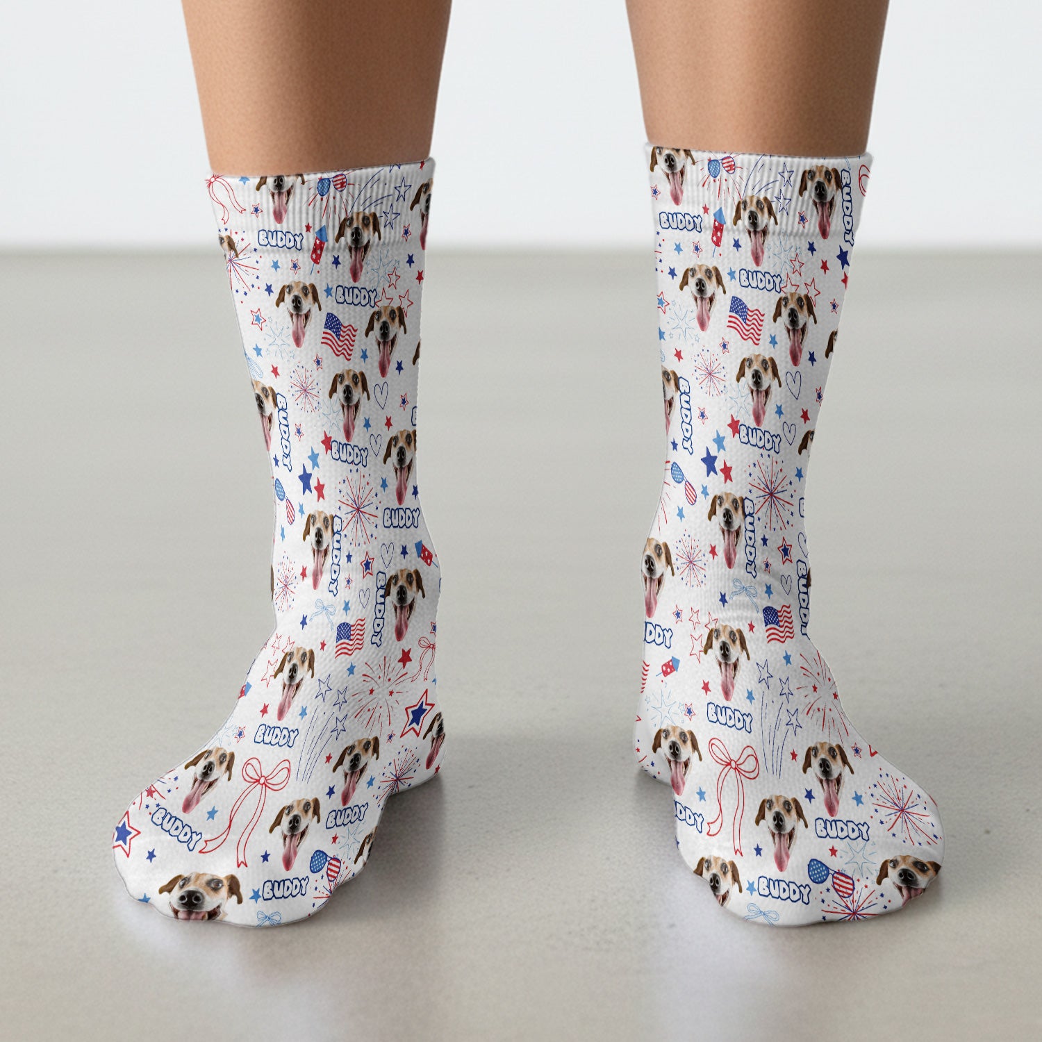 Personalized Patriotic Dog Face Name Pattern Socks, Adult Socks for Men and Women