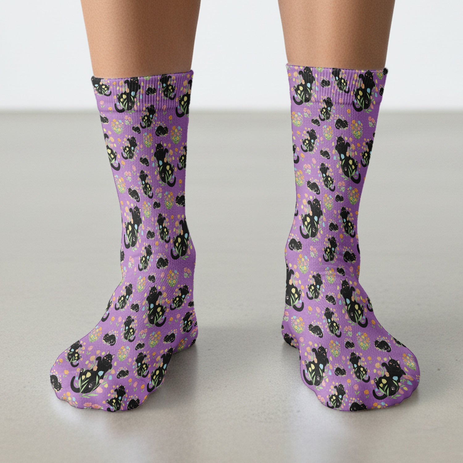 Cats With Cute Poses Floral Pattern Socks, Adult Socks for Men and Women