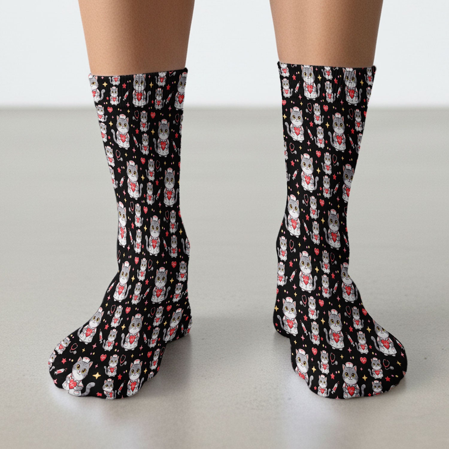 Cute Nurse Cat Heart Medical Print Socks, Adult Socks for Men and Women