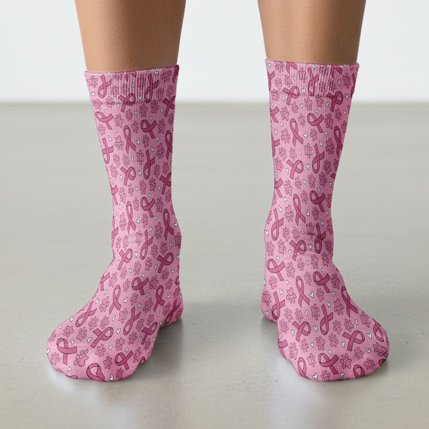 Pink Ribbon Paw Print Socks, Adult Socks for Men and Women