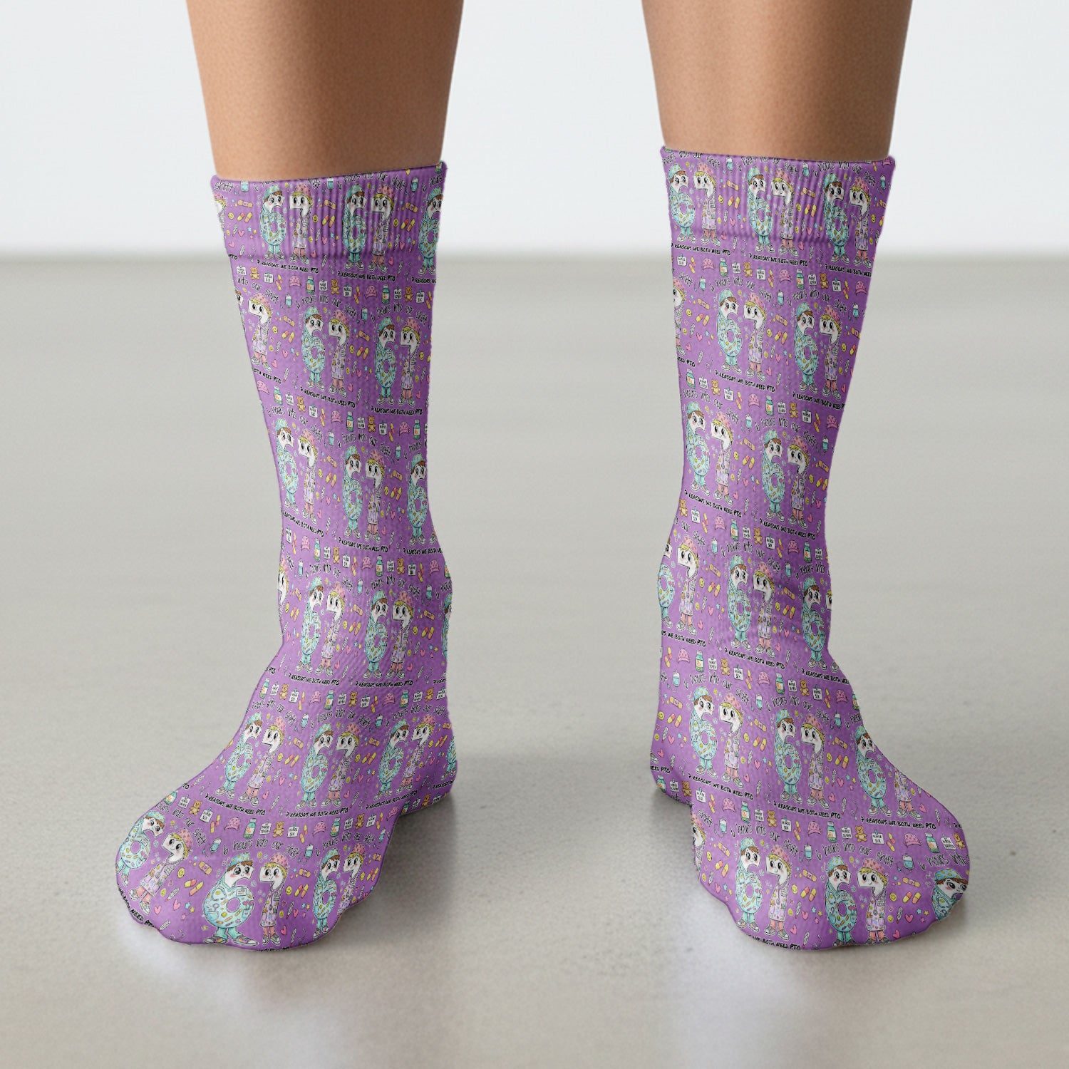 Cartoon Characters Six Hours Into Shift With Medical Doodle Socks, Breathable Fabrics Medical Uniform