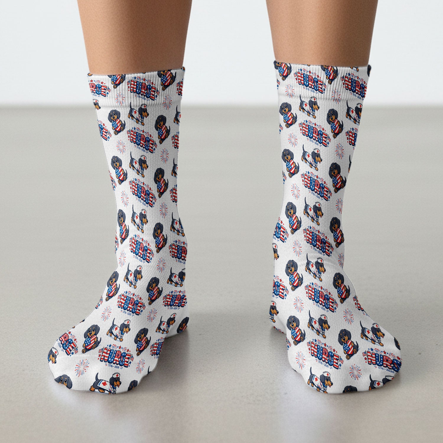 Proud Nurse Patriotic Dachshund Medical Firework Pattern Socks, Breathable Fabrics Medical Uniform