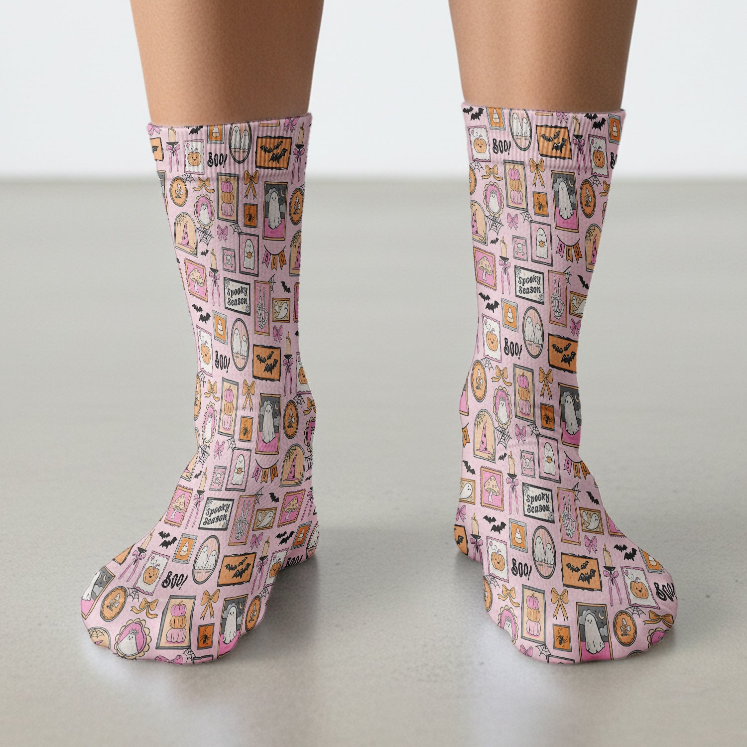 Pink Halloween Ghost Gallery Print Socks, Adult Socks for Men and Women