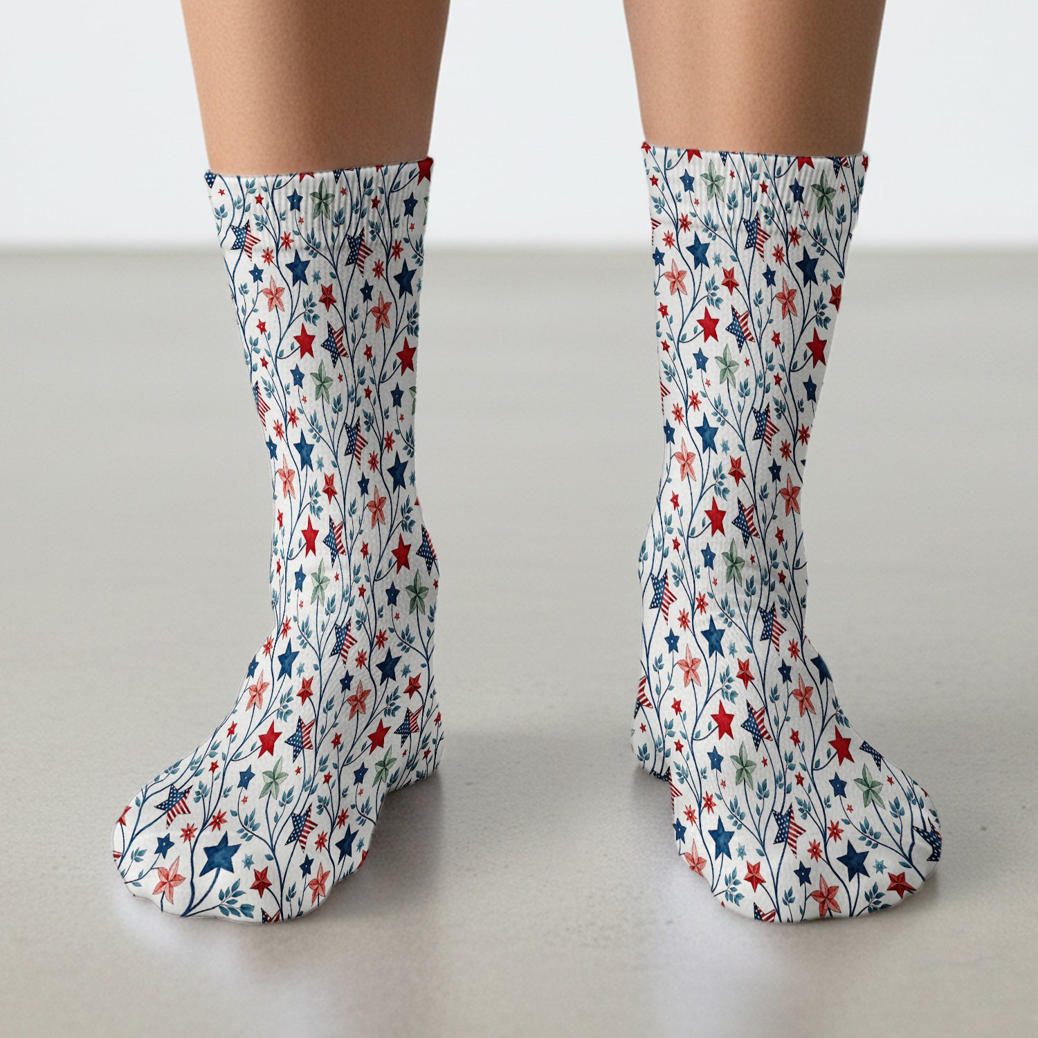 Patriotic Star Vine Floral Print Socks, Adult Socks for Men and Women