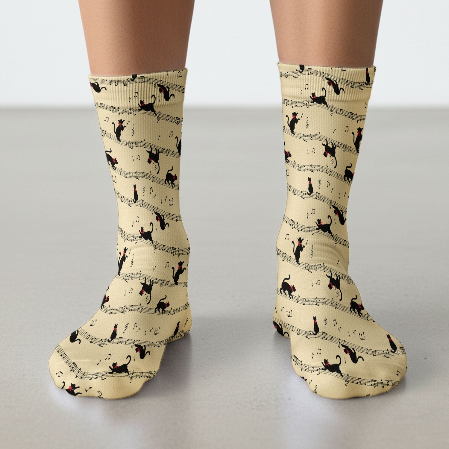 Cute Dancing Black Cat Music Staff Pattern Scrub Socks, Socks for Nurse Doctor