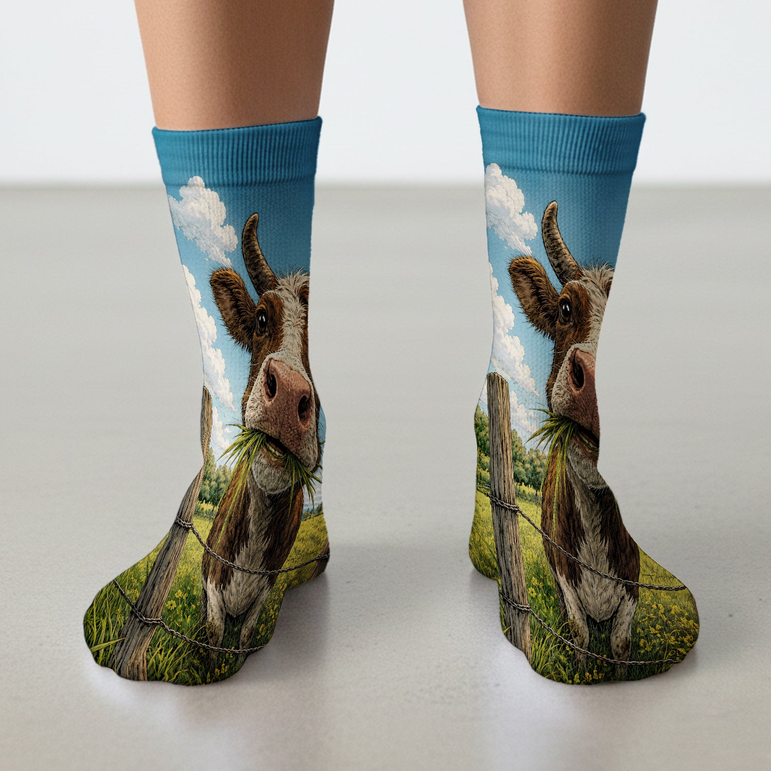 Curious Highland Cow Farm Scene Socks, Adult Socks for Men and Women