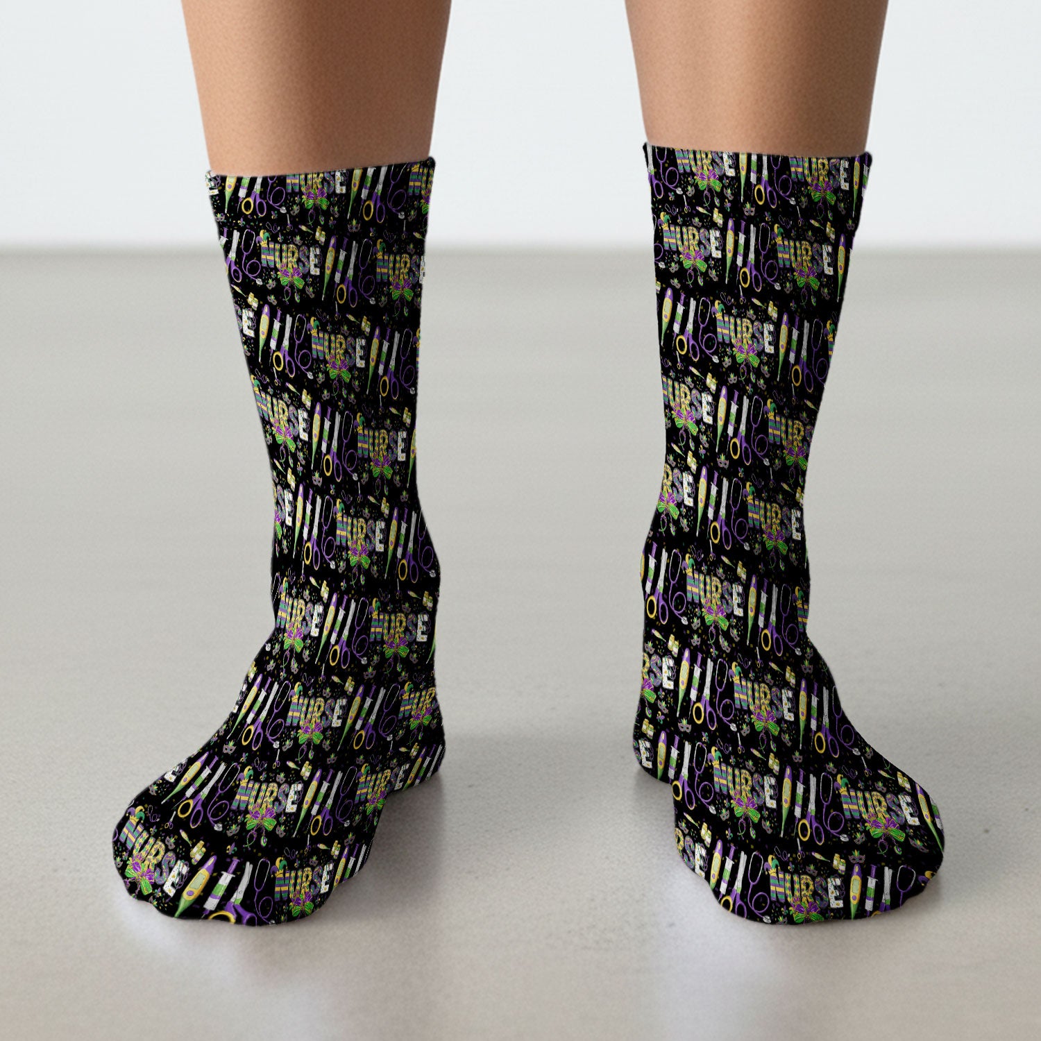 Mardi Gras Nurse Scrub Socks, Holiday Medical Pattern Nurse Sock, Breathable Fabrics Nursing Uniform