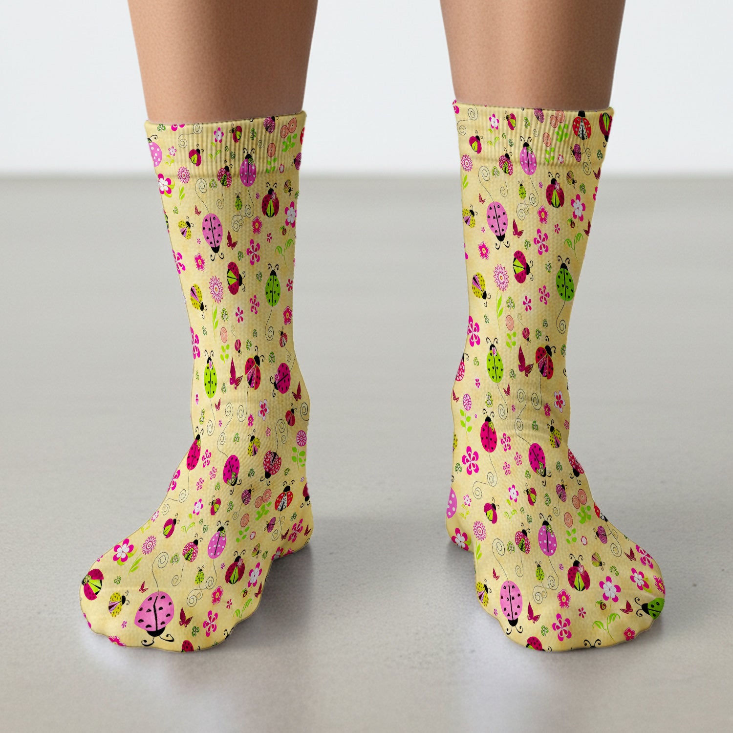 Yellow Ladybug Floral Garden Pattern Socks, Adult Socks for Men and Women