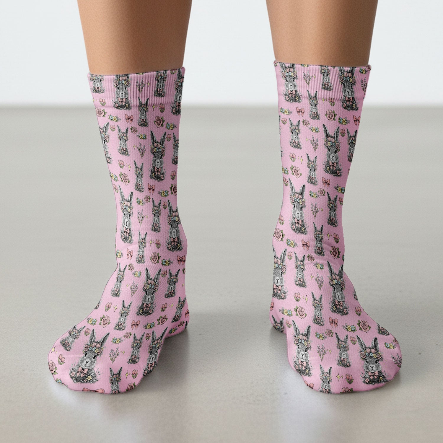 Vintage Floral Bunny Print Socks, Breathable Fabrics Medical Uniform