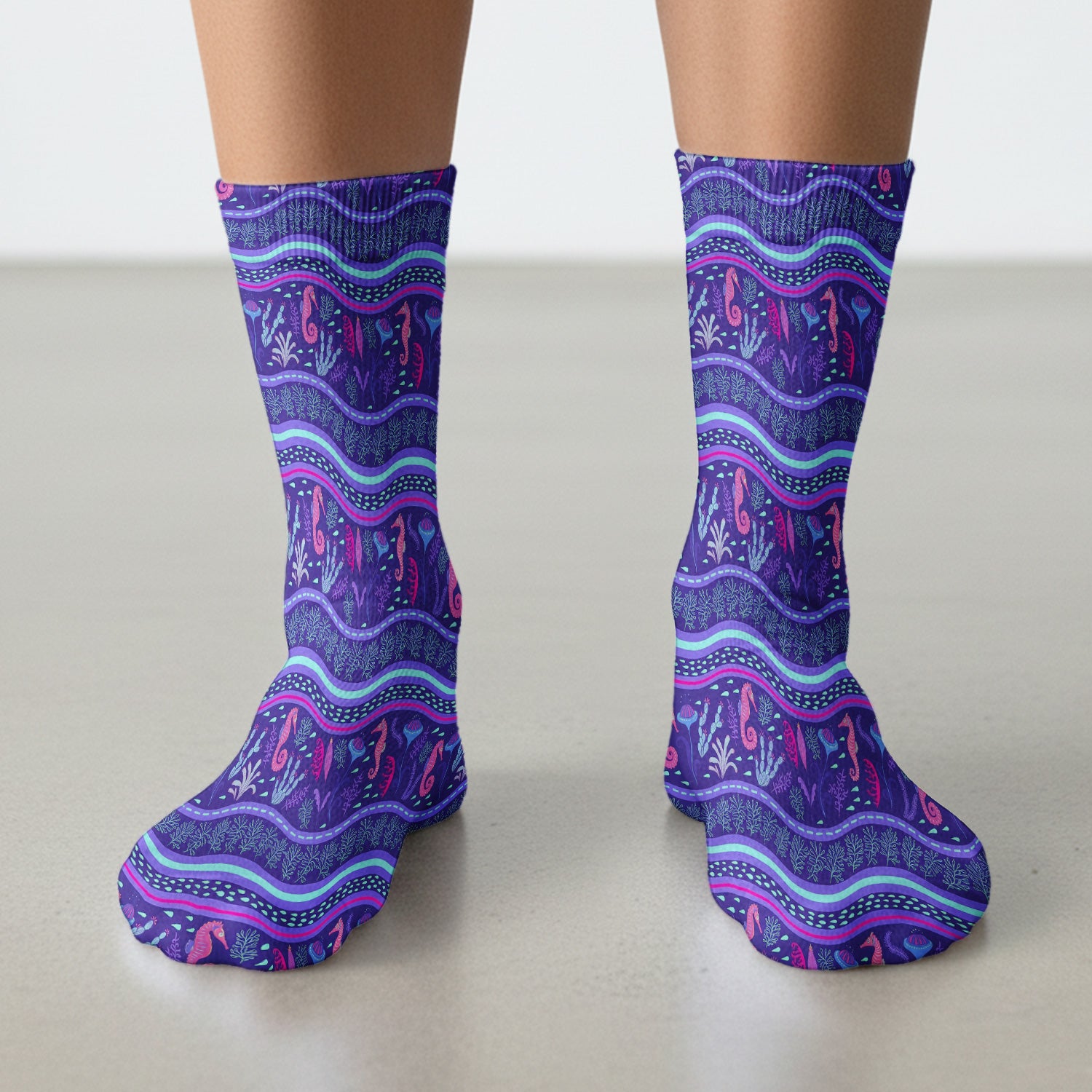 Purple Seahorse Ocean Pattern Socks, Adult Socks for Men and Women